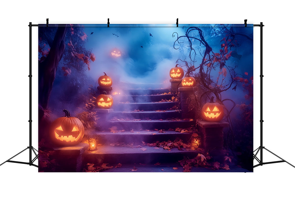 Scary Halloween Backdrop Glowing Pumpkin Stairway Backdrop UK LXX57-105