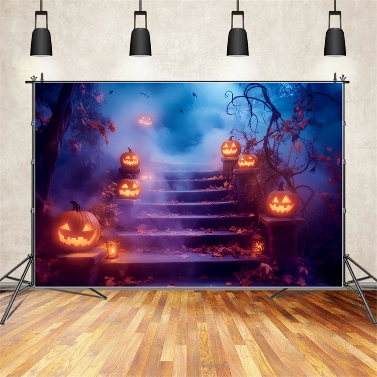 Scary Halloween Backdrop Glowing Pumpkin Stairway Backdrop UK LXX57-105