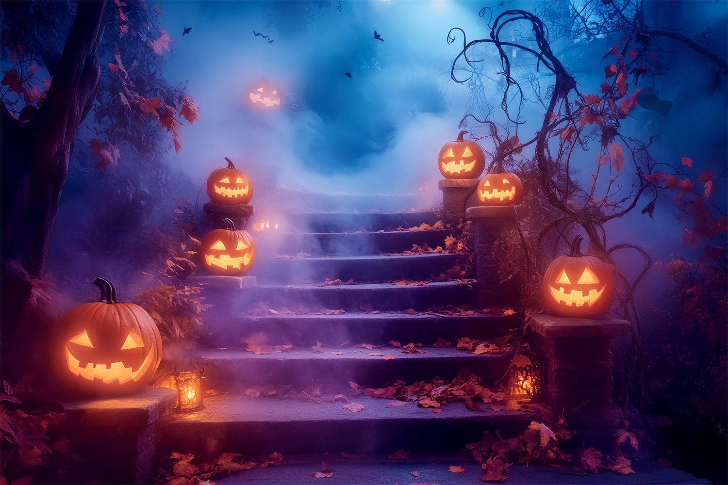 Scary Halloween Backdrop Glowing Pumpkin Stairway Backdrop UK LXX57-105