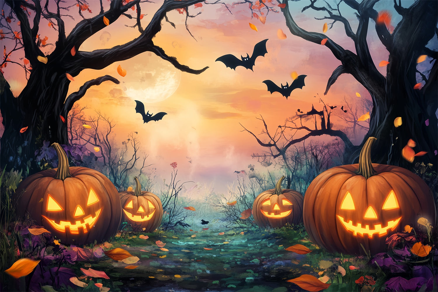 Halloween Forest Backdrop Moonlit Pumpkin Path Backdrop UK LXX57-143