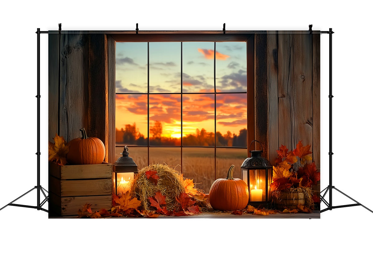 Sunset Backdrop Pumpkin Twilight Window Fall Backdrop UK LXX57-175
