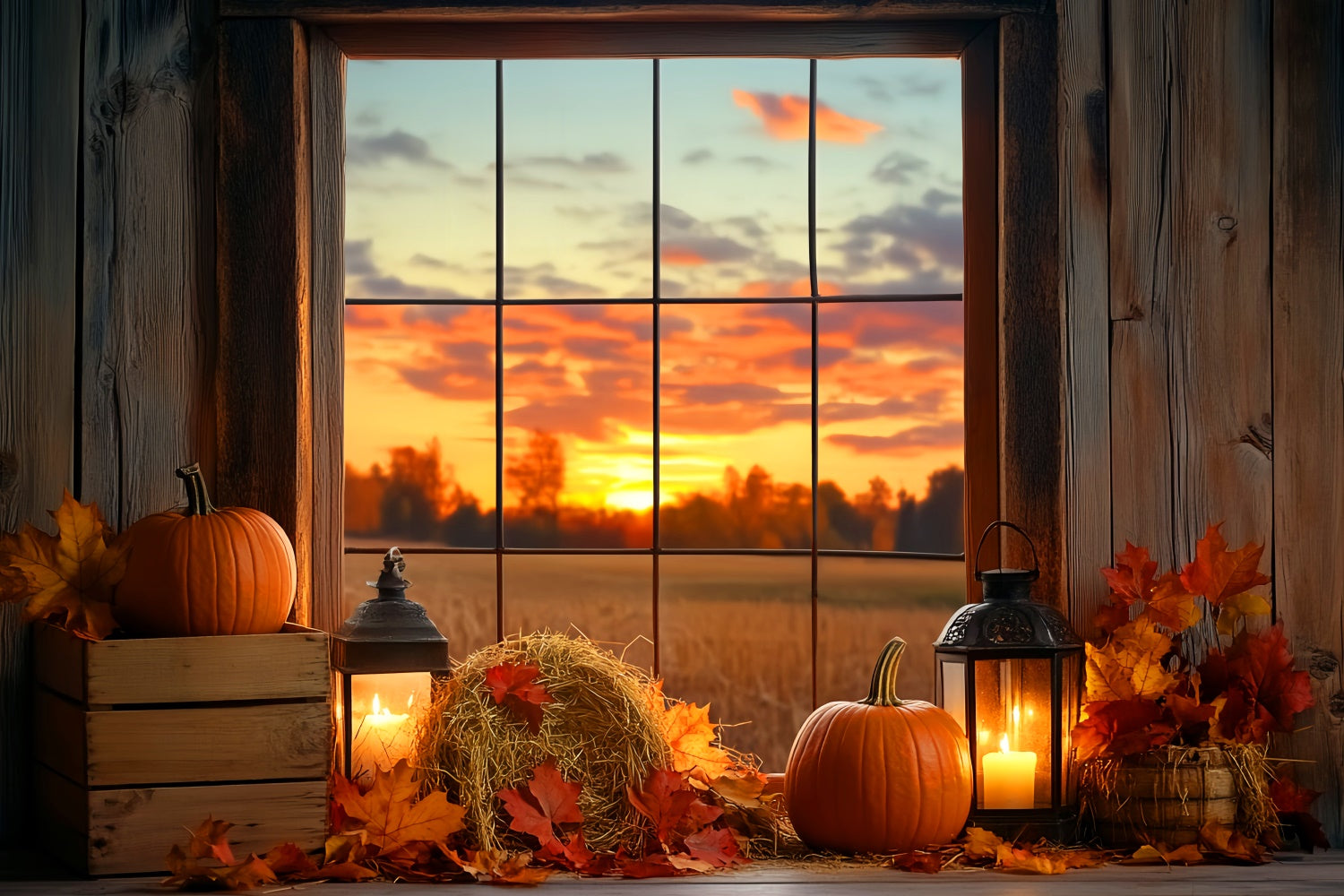 Sunset Backdrop Pumpkin Twilight Window Fall Backdrop UK LXX57-175