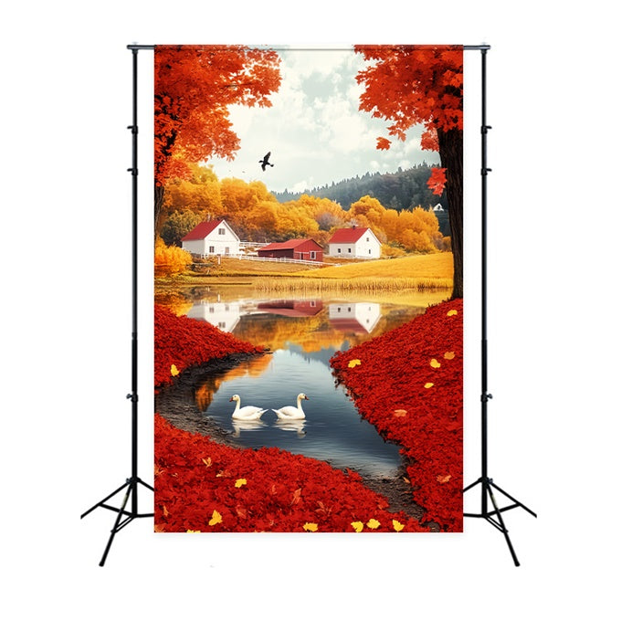Autumn Backdrop Scarlet Leaf Lakeside Village Backdrop UK LXX57-180