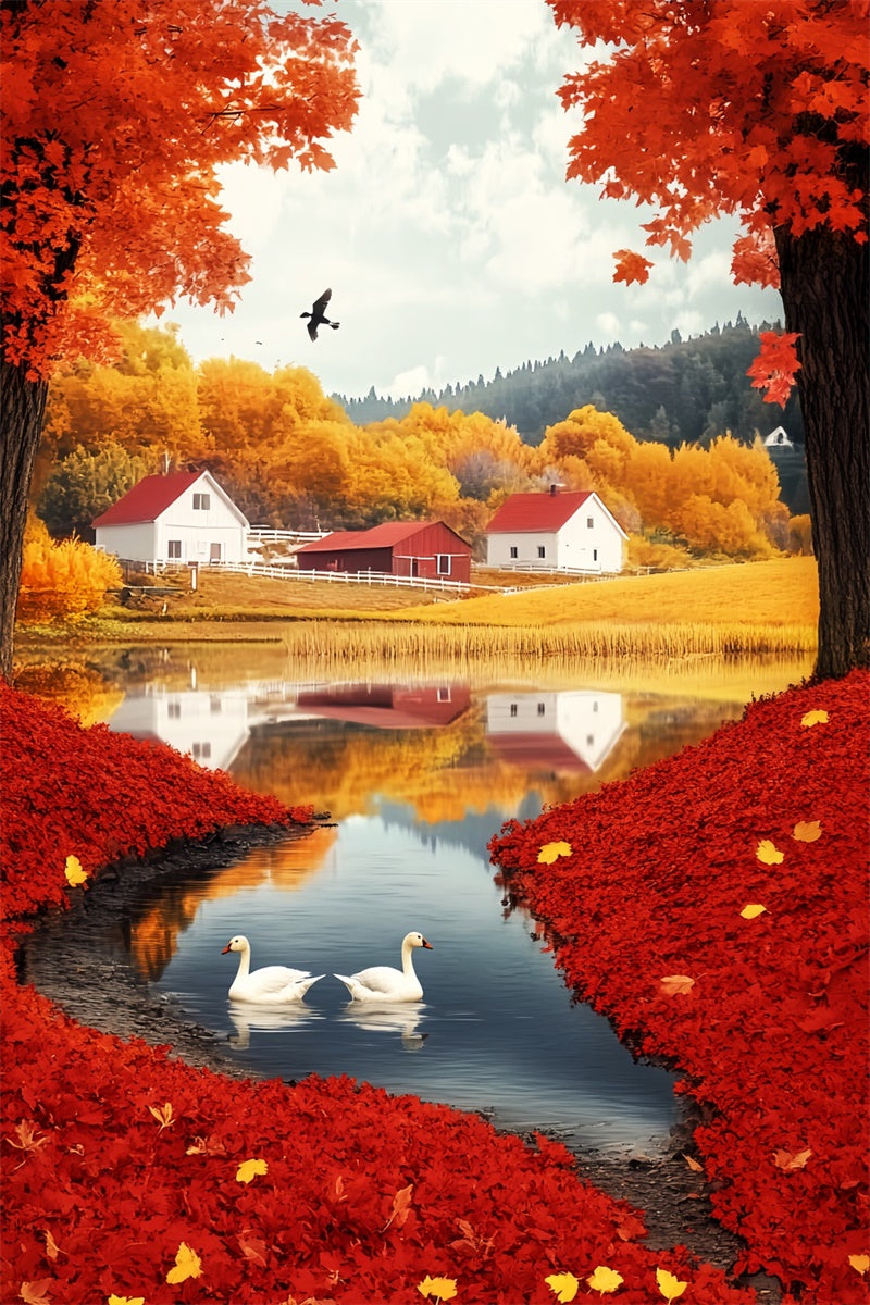 Autumn Backdrop Scarlet Leaf Lakeside Village Backdrop UK LXX57-180