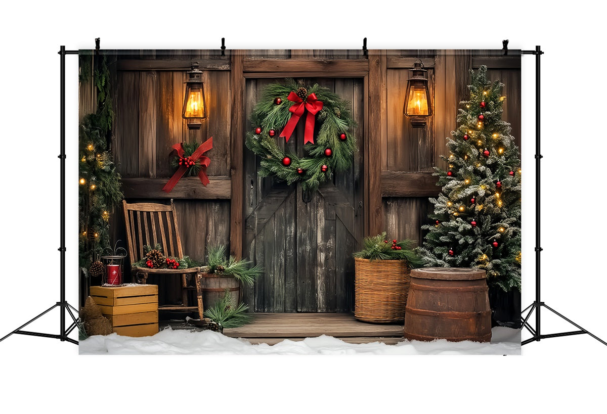 Vintage Christmas Backdrop Wooden Cabin Wreath Backdrop UK LXX57-195