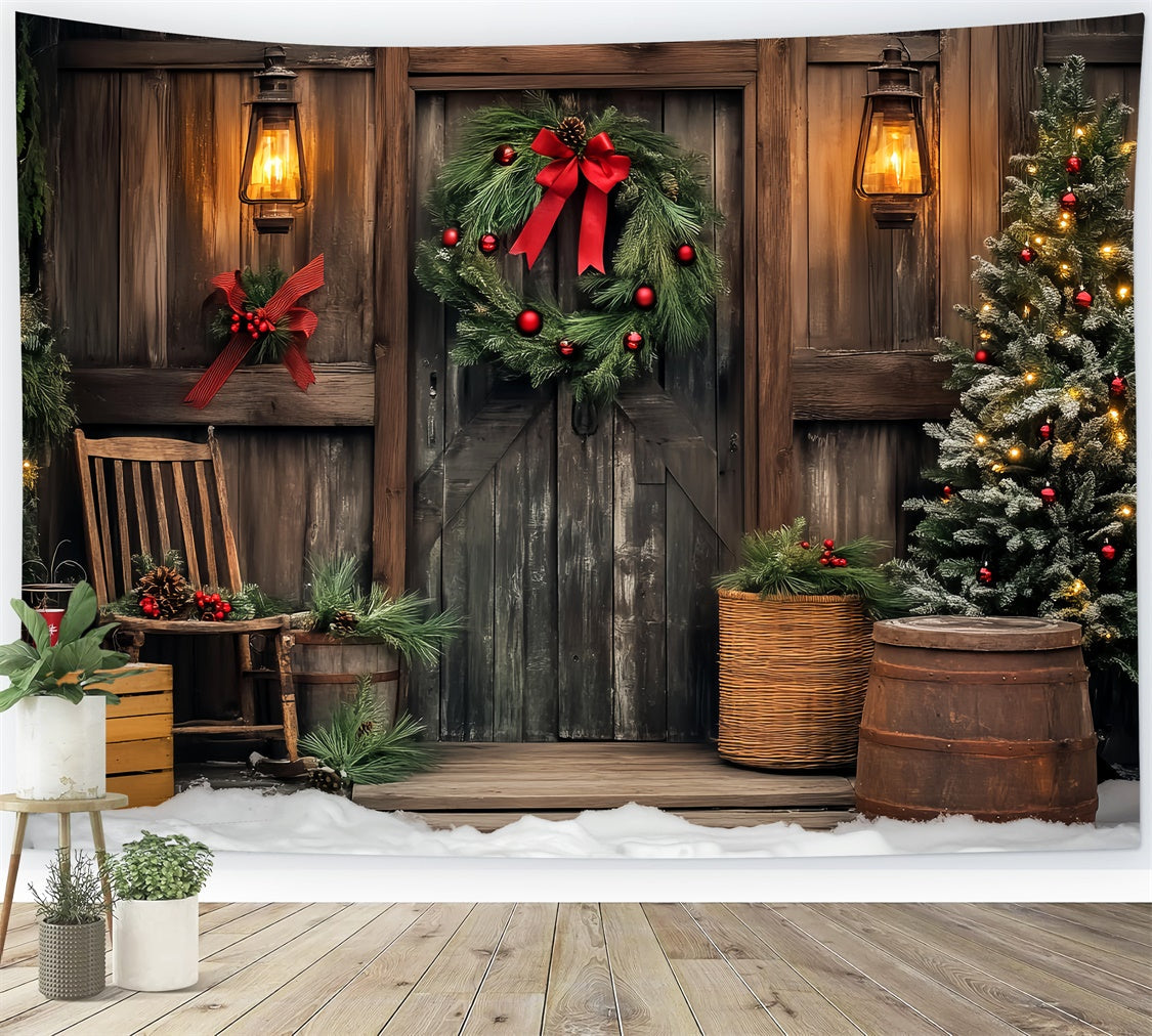 Vintage Christmas Backdrop Wooden Cabin Wreath Backdrop UK LXX57-195
