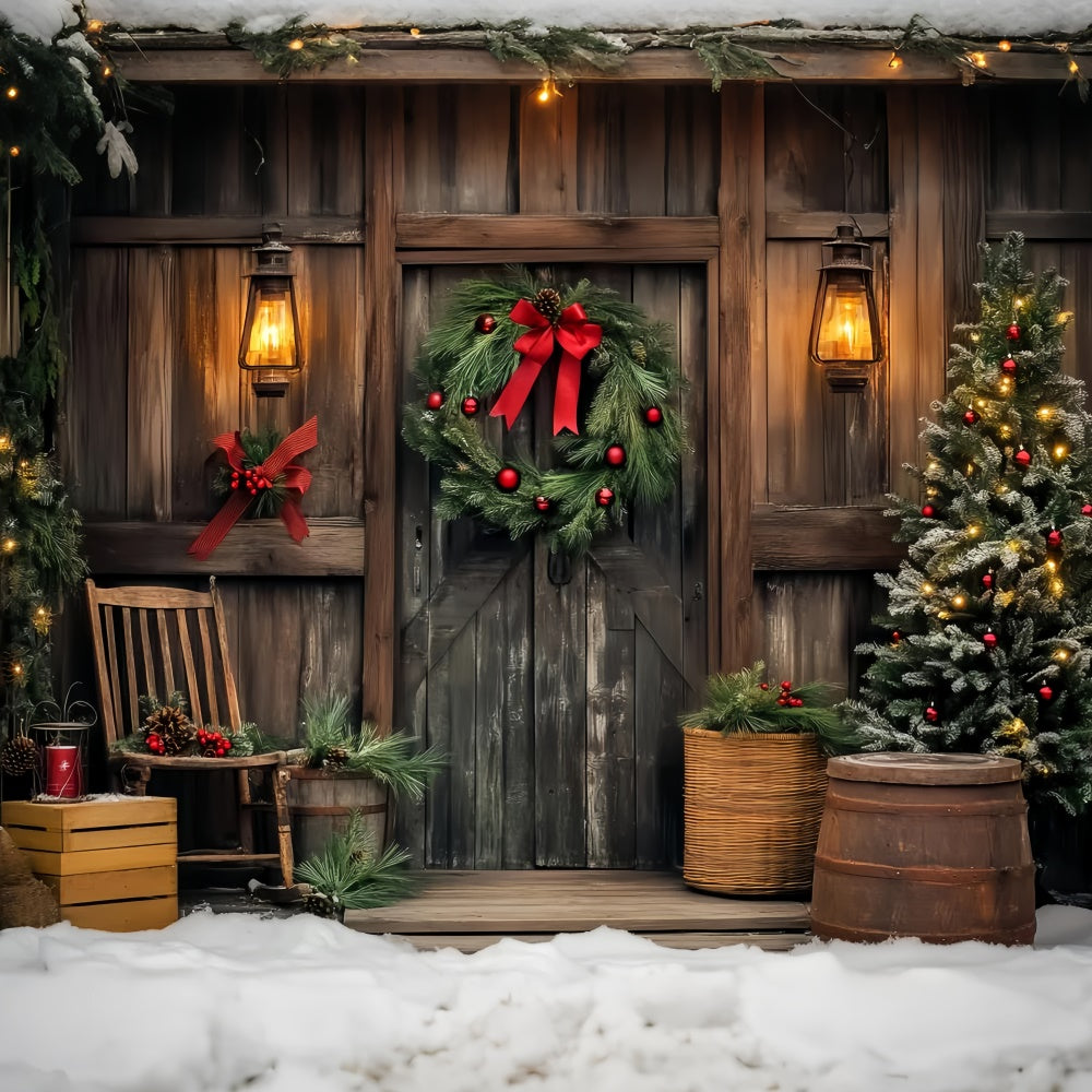 Vintage Christmas Backdrop Wooden Cabin Wreath Backdrop UK LXX57-195