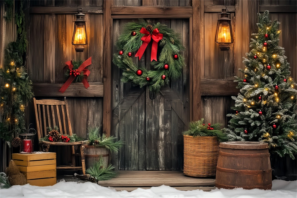 Vintage Christmas Backdrop Wooden Cabin Wreath Backdrop UK LXX57-195
