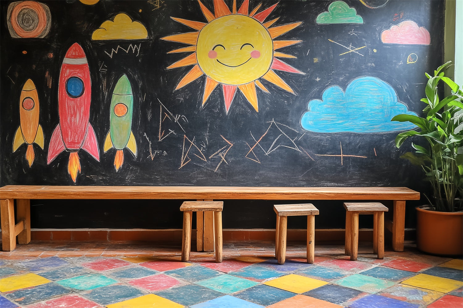 Chalkboard Backdrop Crayon Sky Rocket Fun Backdrop UK LXX57-20