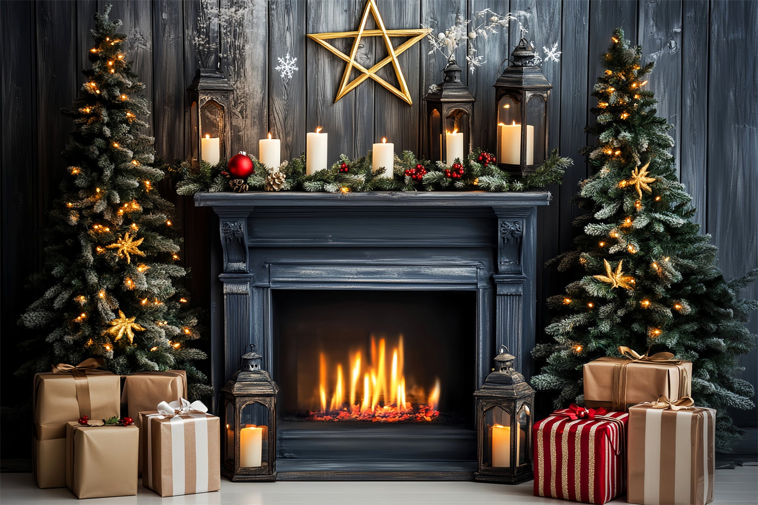 Vintage Christmas Backdrop Cozy Fireplace Backdrop UK LXX57-215