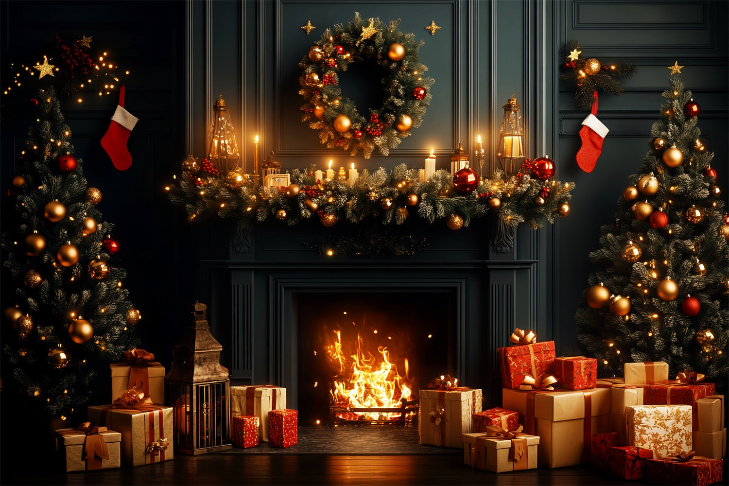 Vintage Christmas Backdrop Festive Wreath Mantel Backdrop UK LXX57-228