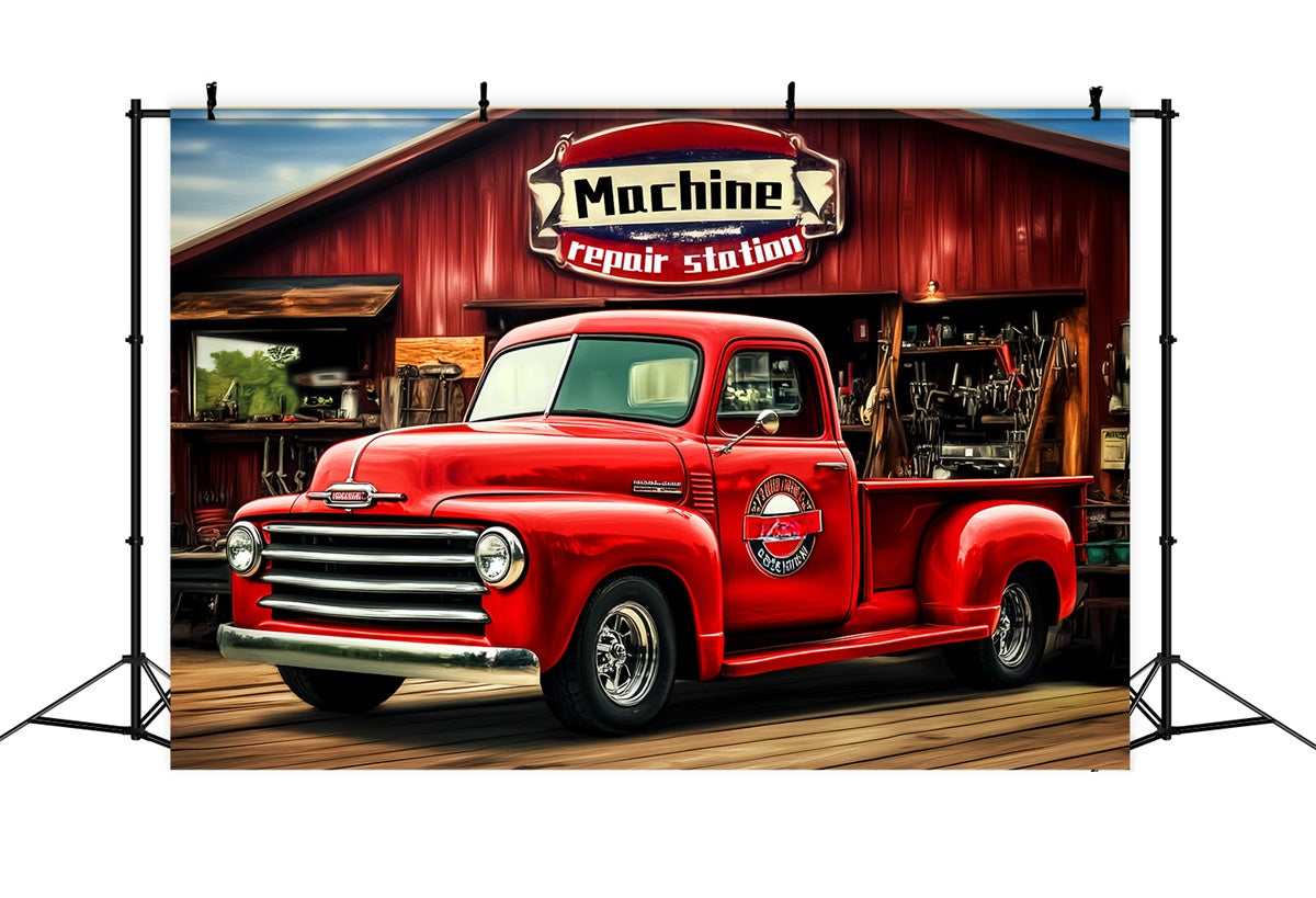 Retro Photo Backdrop Red Garage Truck Vintage Backdrop UK LXX57-229
