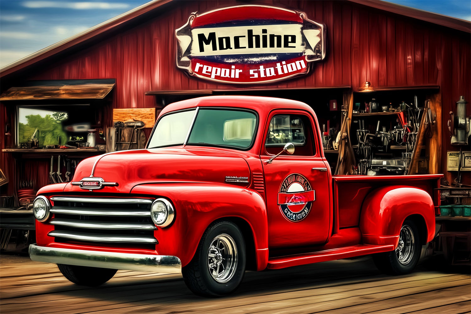 Retro Photo Backdrop Red Garage Truck Vintage Backdrop UK LXX57-229