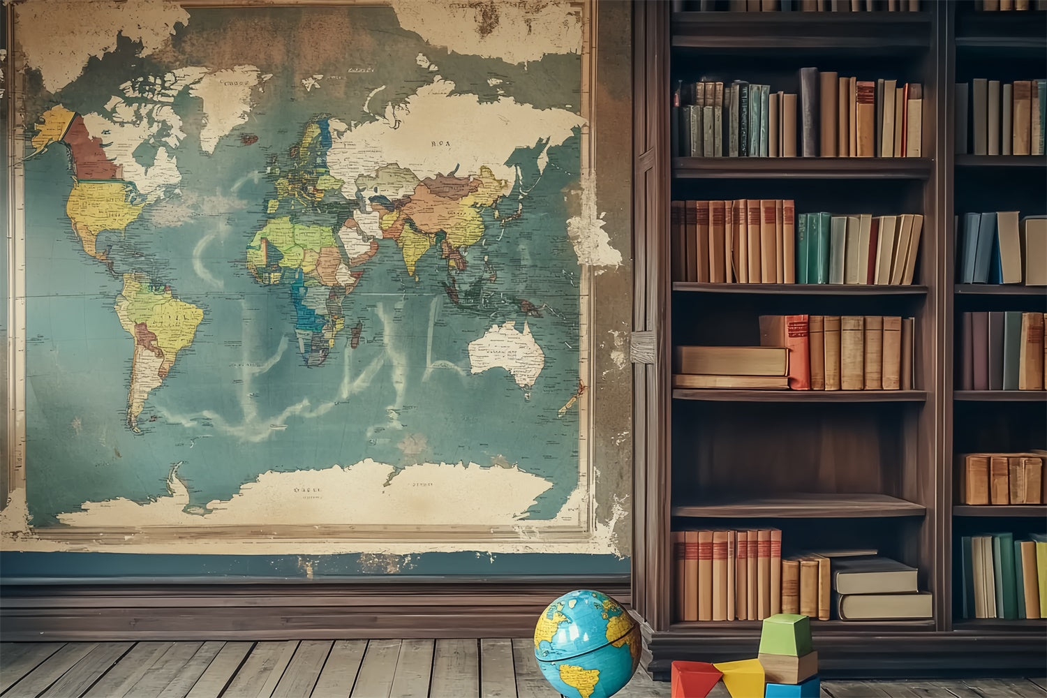 Back To School Backdrop Vintage Map Study Room Backdrop UK LXX57-24