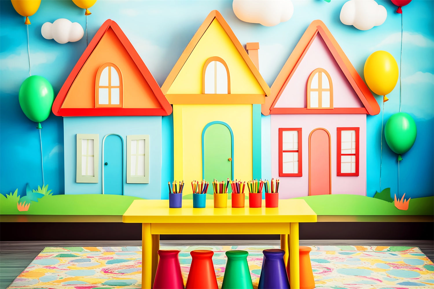 Back To School Backdrops Colorful Cottage Balloon Backdrop UK LXX57-28