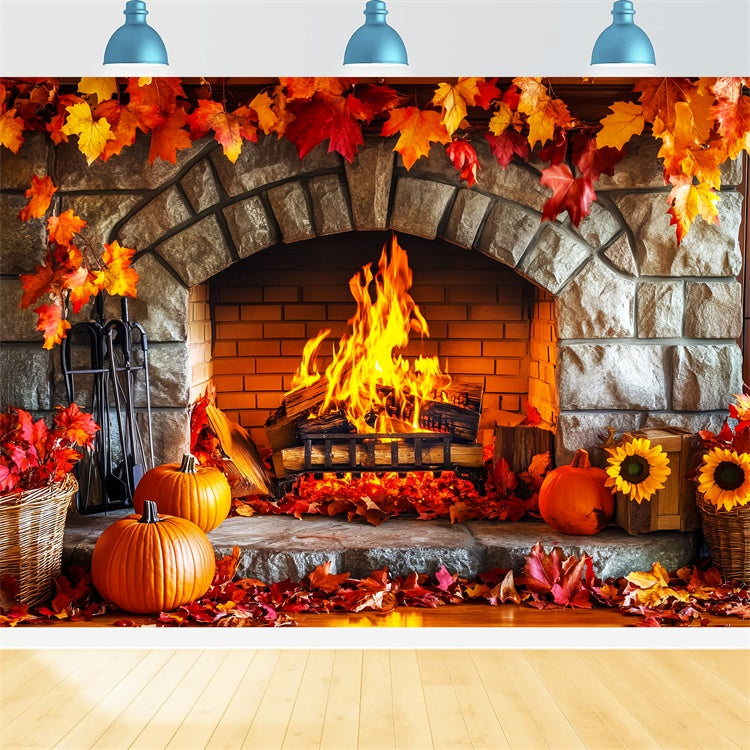 Backdrop Thanksgiving Stone Hearth Autumn Leaves Backdrop UK LXX57-366