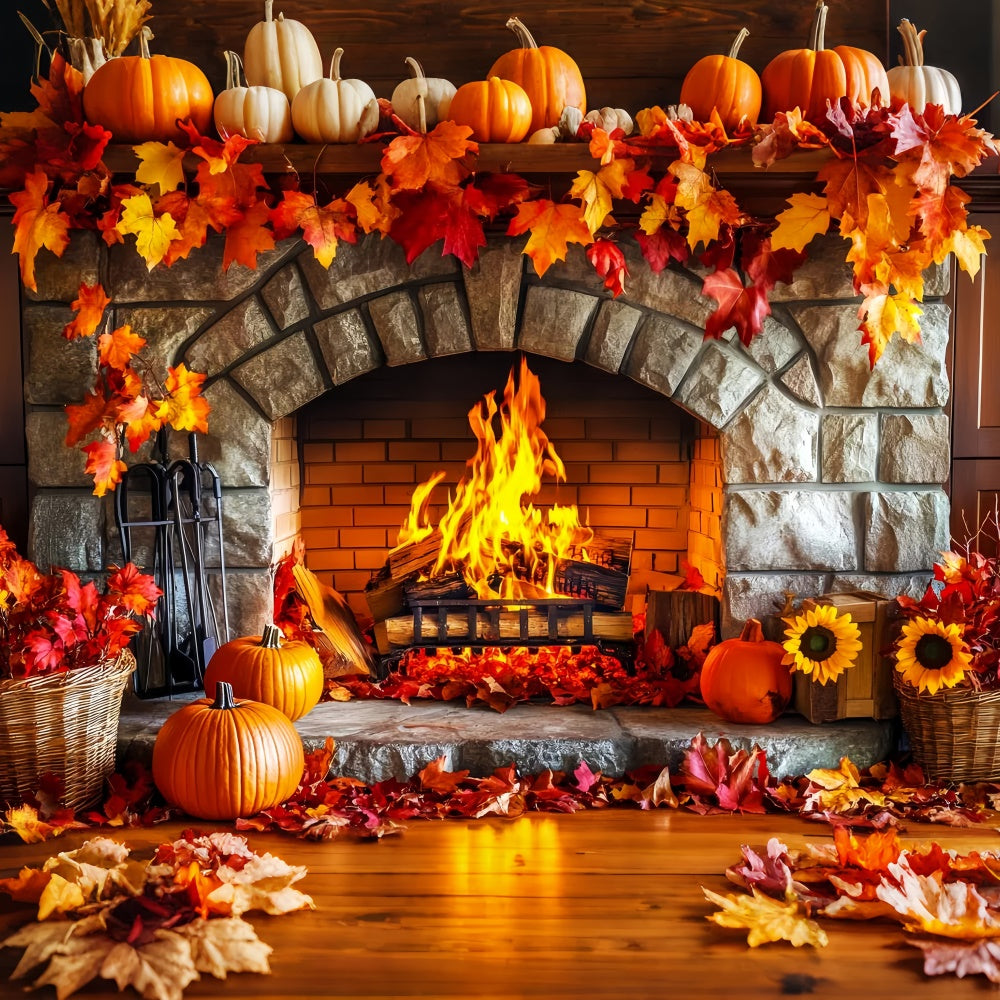 Backdrop Thanksgiving Stone Hearth Autumn Leaves Backdrop UK LXX57-366
