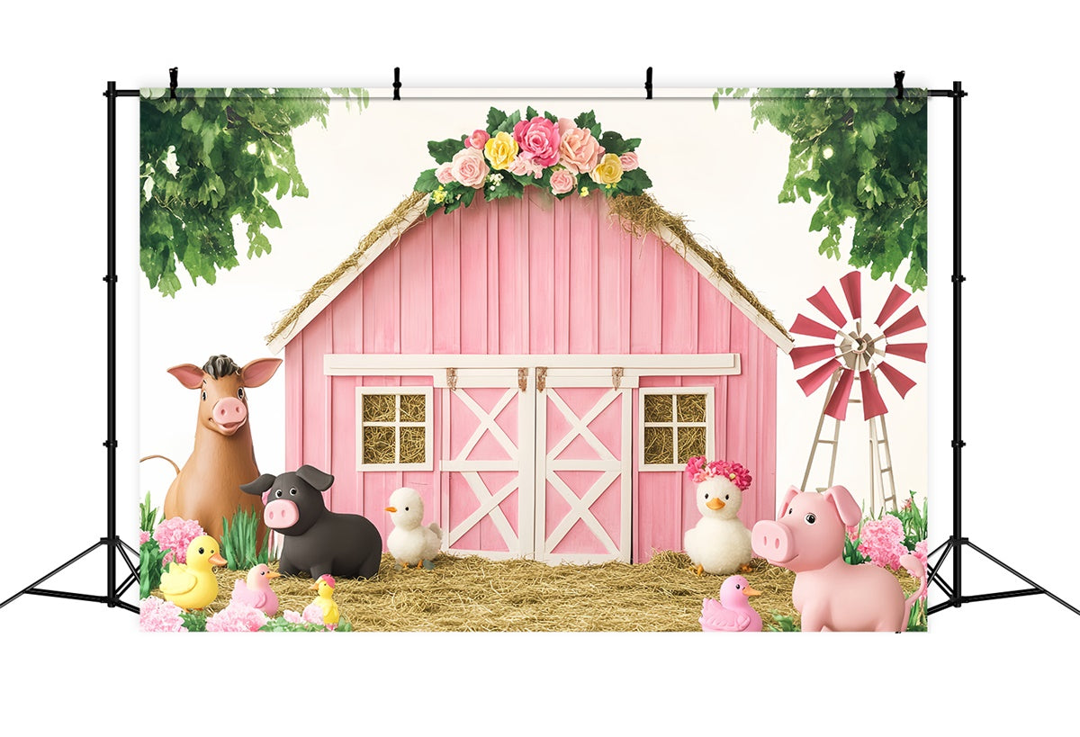 Pink Barn Backdrop Farm Fun Birthday Barn Backdrop UK LXX57-374