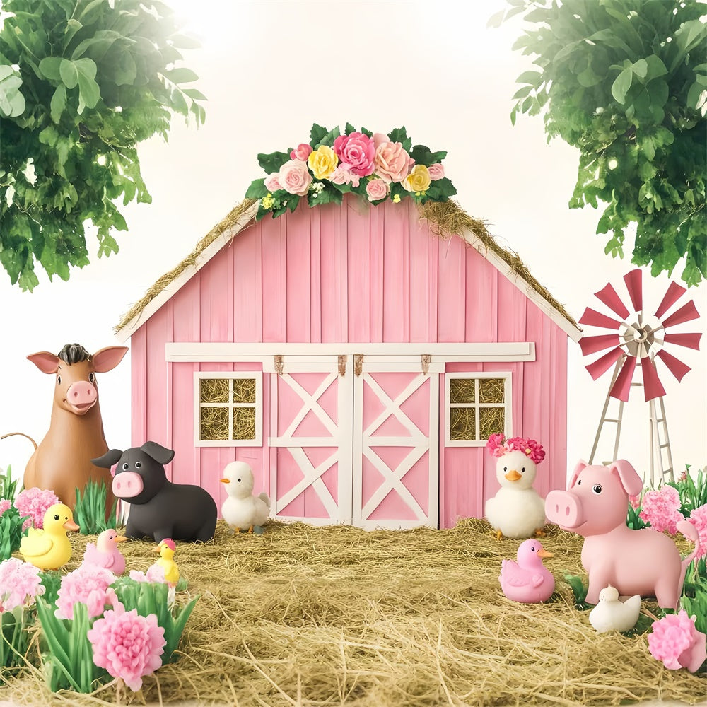 Pink Barn Backdrop Farm Fun Birthday Barn Backdrop UK LXX57-374