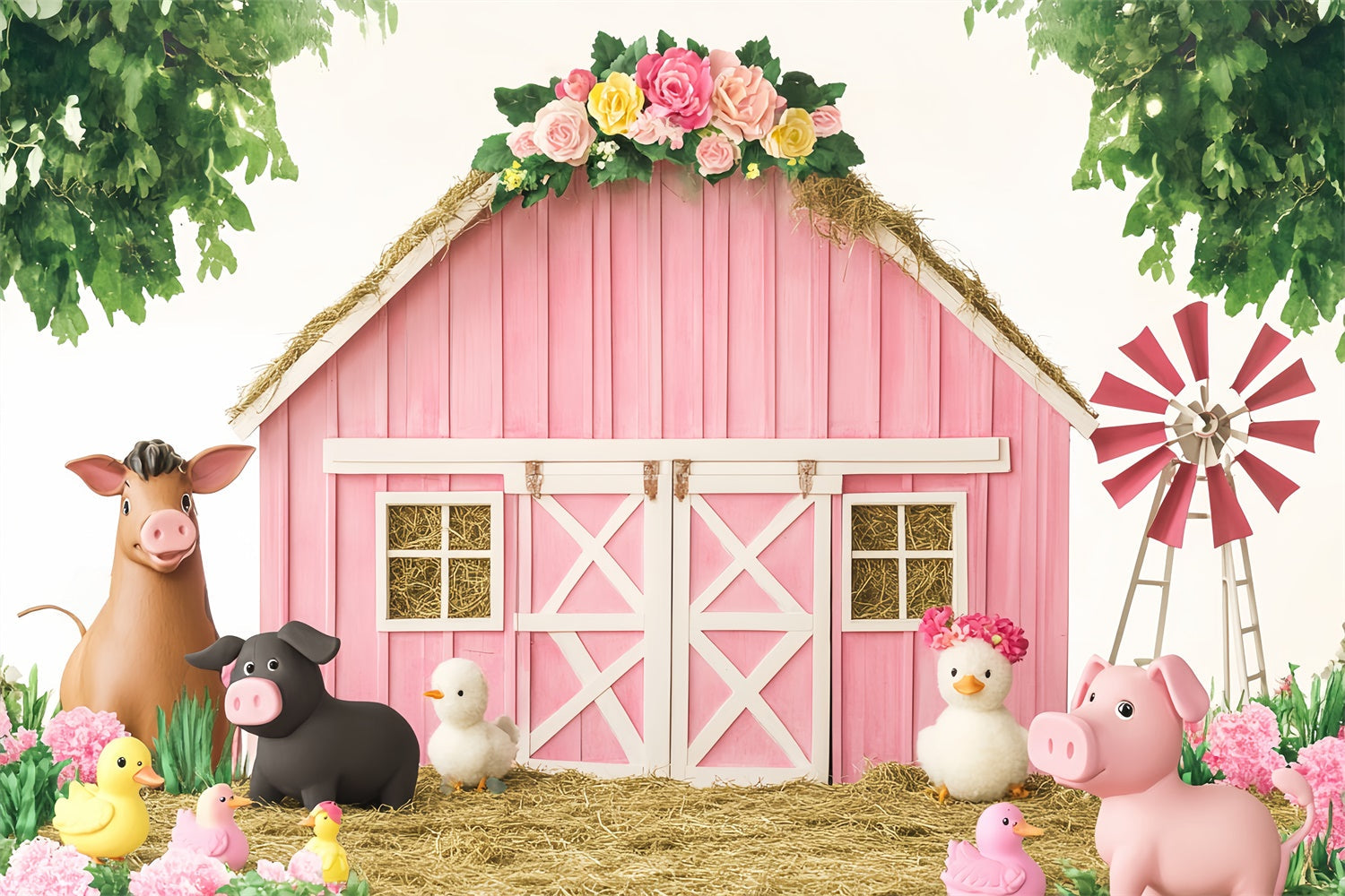 Pink Barn Backdrop Farm Fun Birthday Barn Backdrop UK LXX57-374