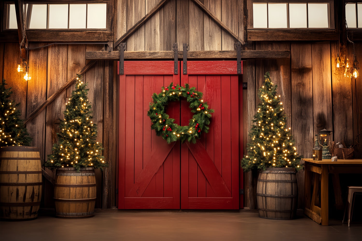 Barn Door Backdrop Cozy Interior Christmas Backdrop UK LXX57-376
