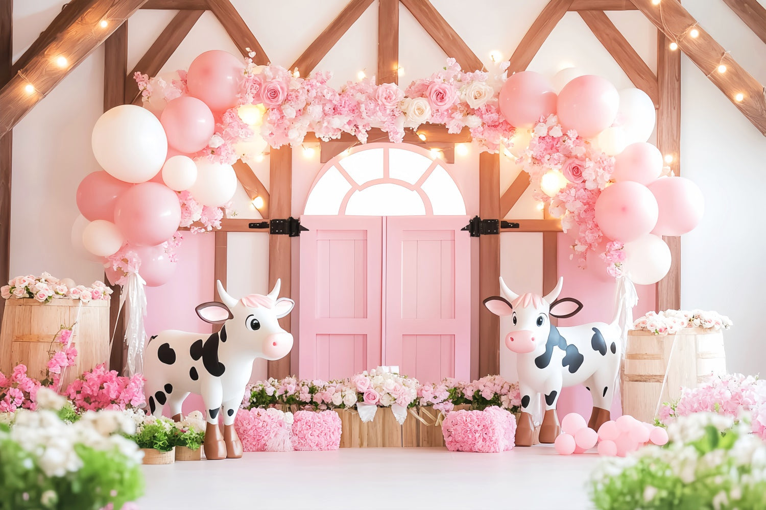 Pink Barn Backdrop Flower Balloon Joy Backdrop UK LXX57-404