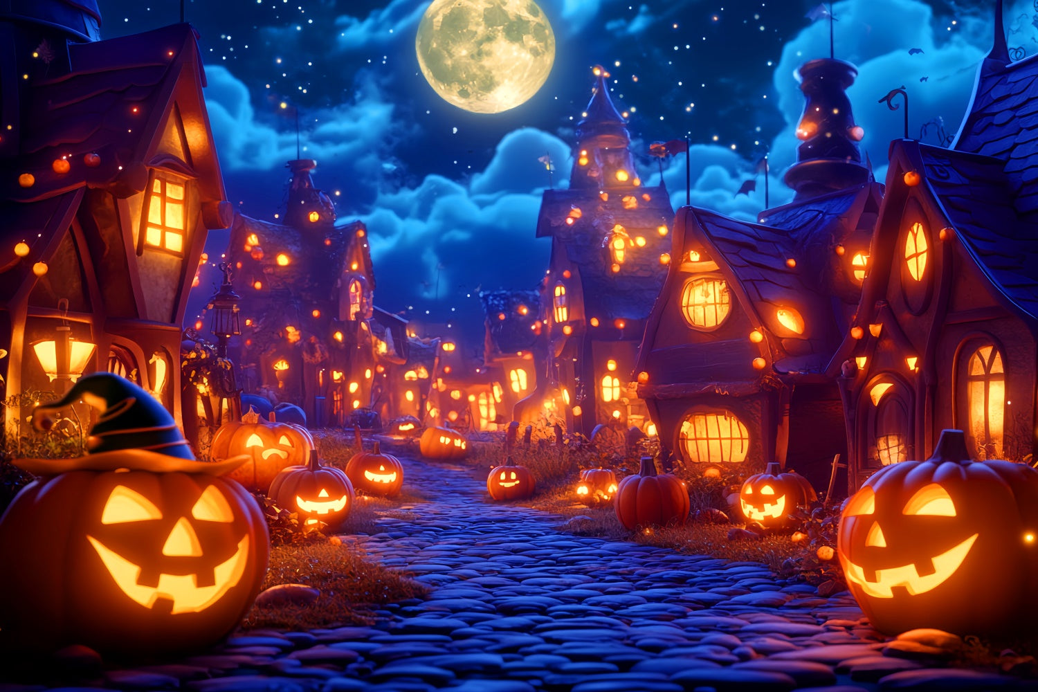 Haunted House Backdrop Moonlight Pumpkin Village Backdrop UK LXX57-65