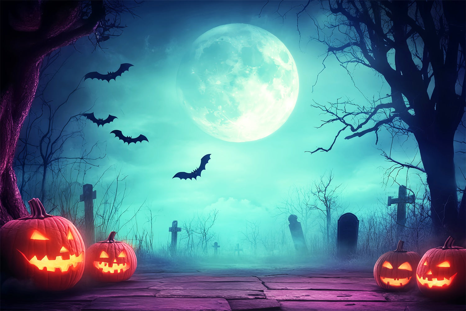 Halloween Graveyard Backdrop Eerie Moonlight Cemetery Backdrop UK LXX57-87