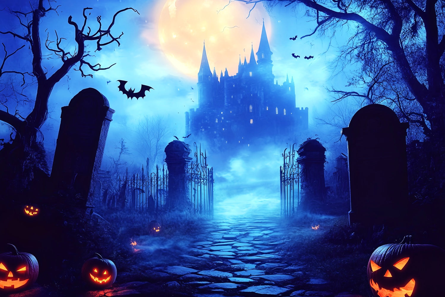 Halloween Moon Backdrop Moonlit Castle Graveyard Backdrop UK LXX57-99
