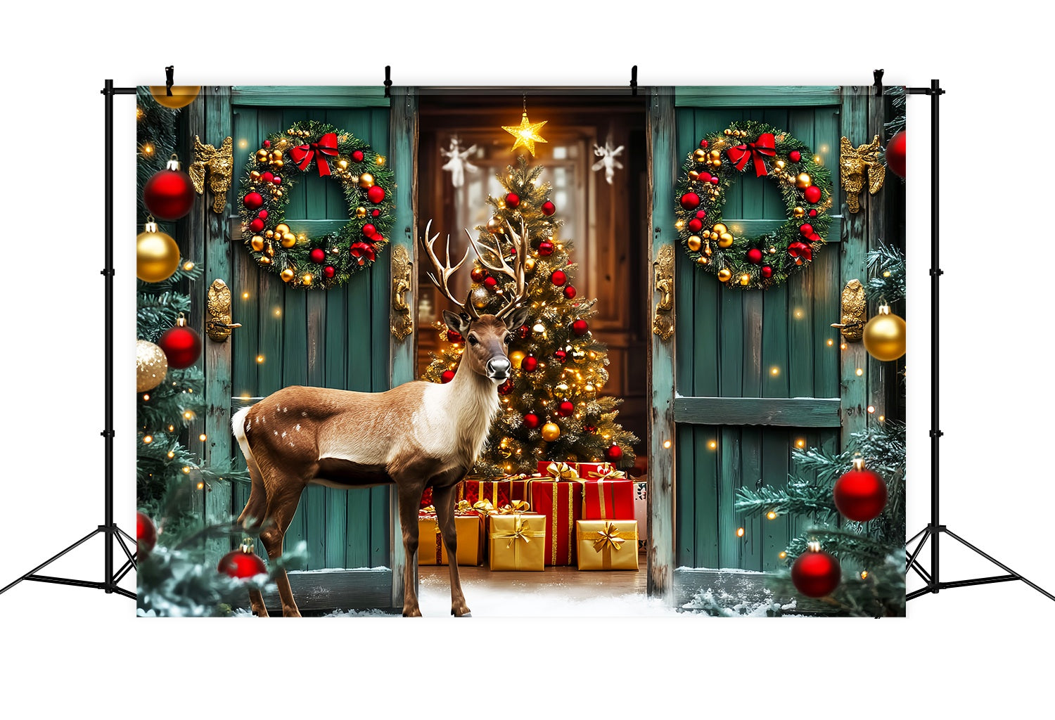 Christmas Tree Farm Backdrop Green Door Reindeer Holiday Entry High Resolution Christmas Backdrop UK LXX58-101