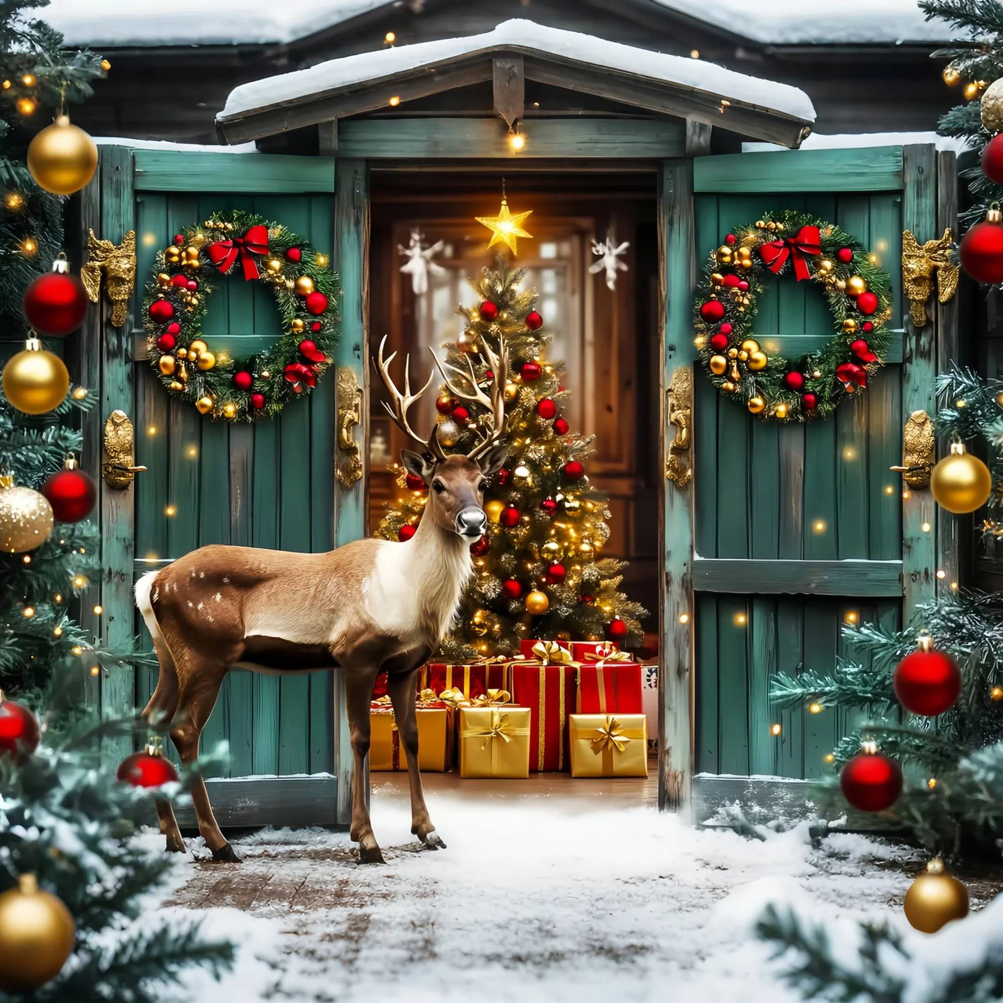 Christmas Tree Farm Backdrop Green Door Reindeer Holiday Entry High Resolution Christmas Backdrop UK LXX58-101