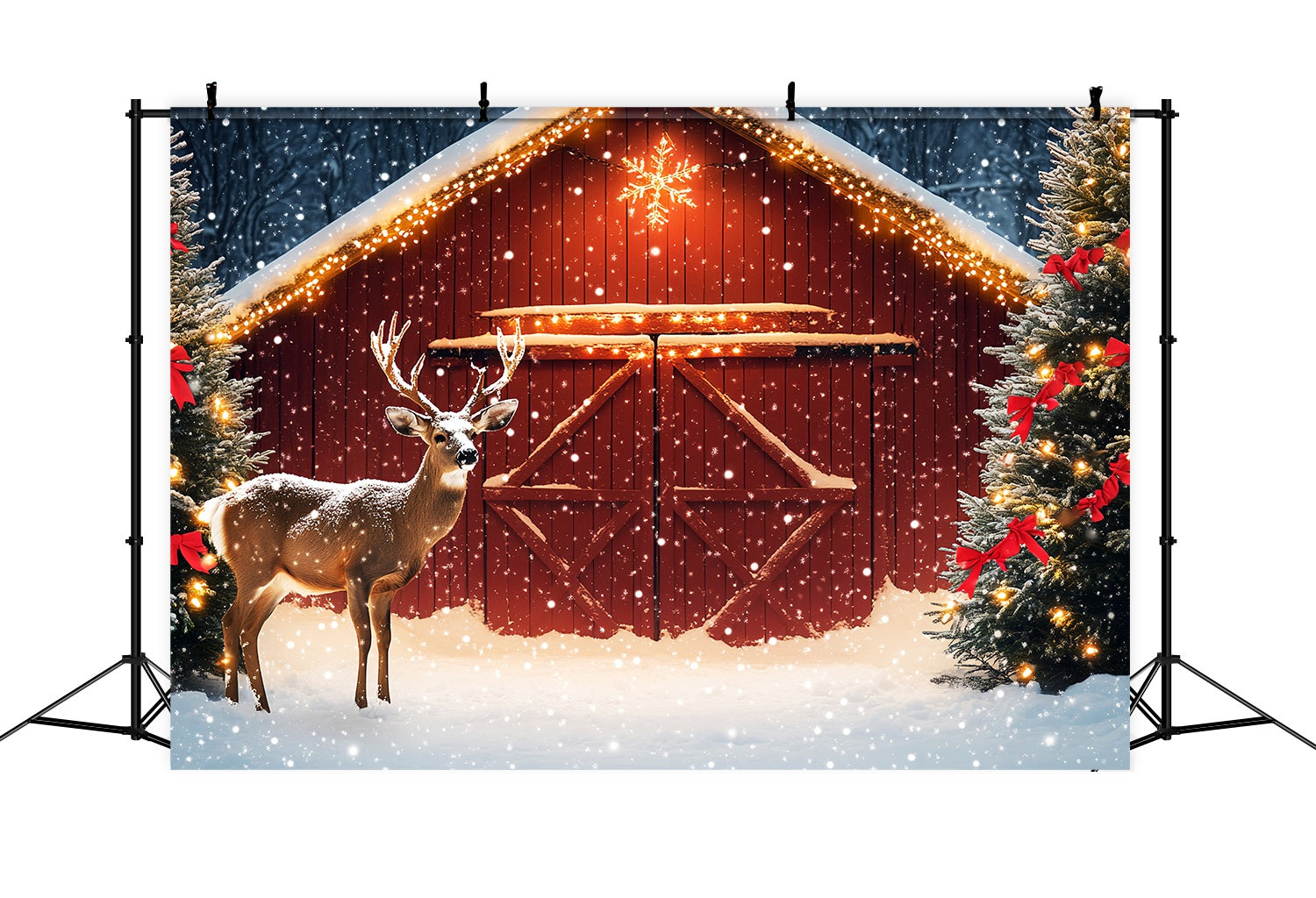 Christmas Tree Farm Backdrop Snowy Barn Reindeer Pine Tree Professional Christmas Backdrops UK LXX58-102