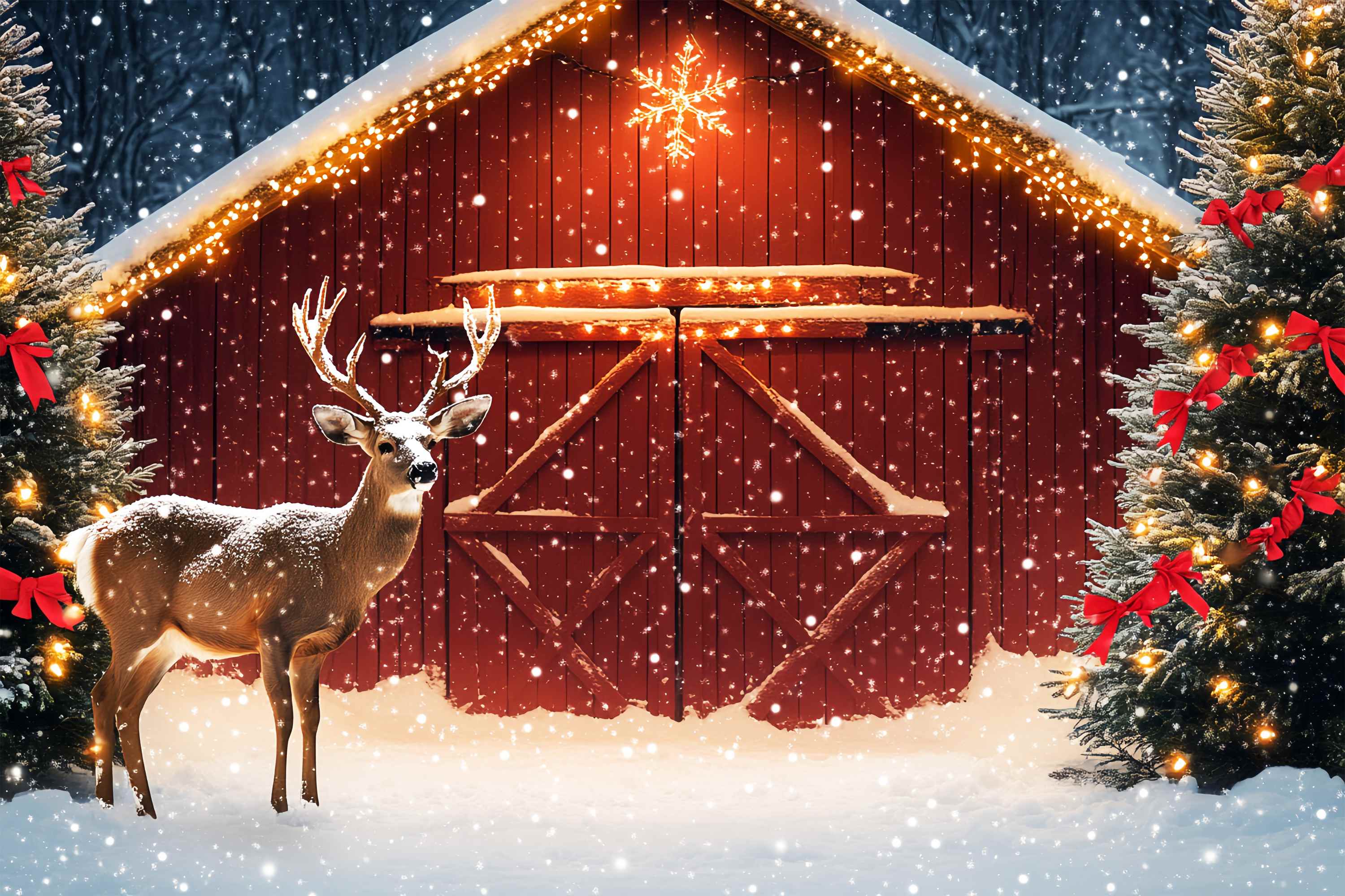 Christmas Tree Farm Backdrop Snowy Barn Reindeer Pine Tree Professional Christmas Backdrops UK LXX58-102