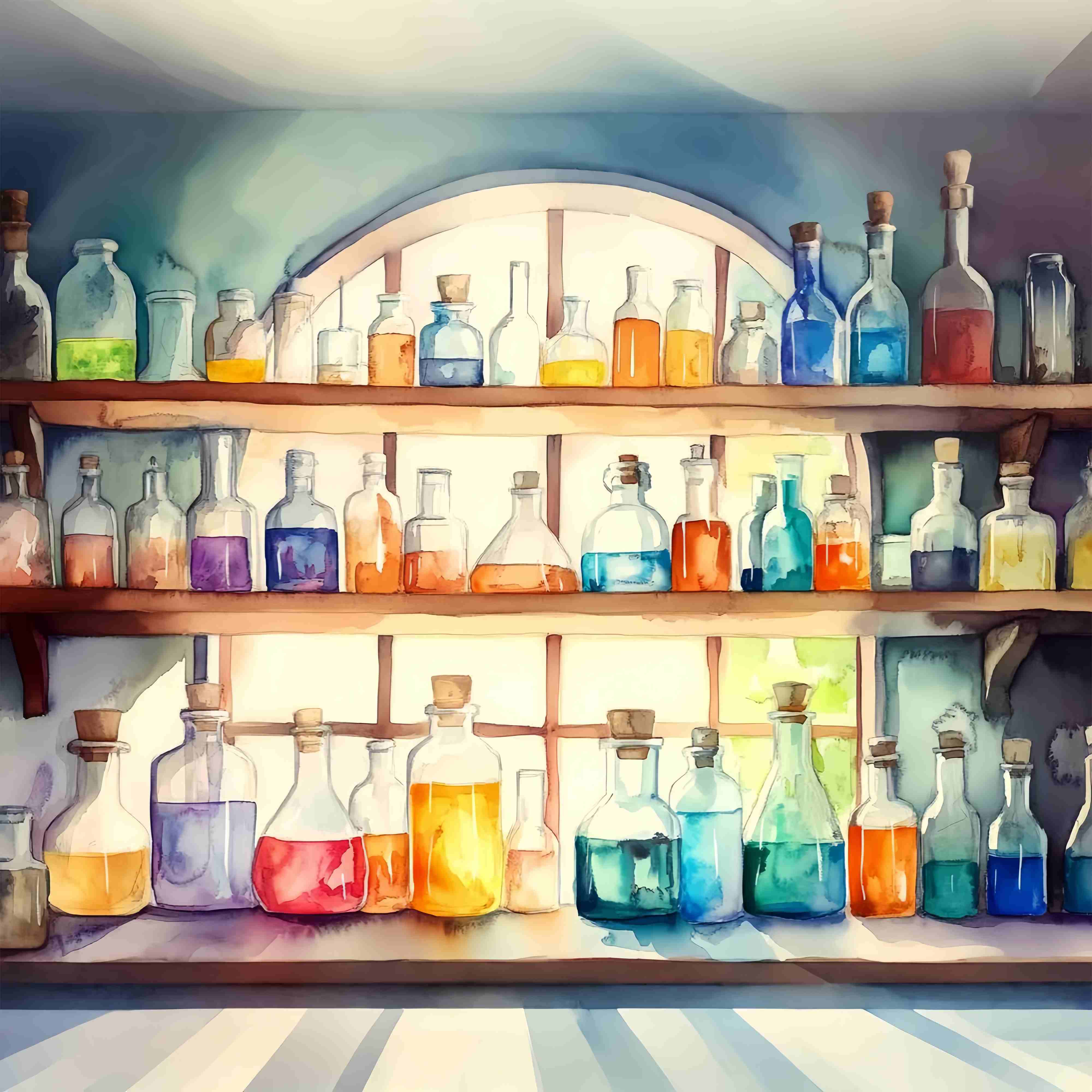 Chemistry Backdrop Watercolor Potion Bottles Wooden Shelves School Picture Backdrop UK LXX58-104