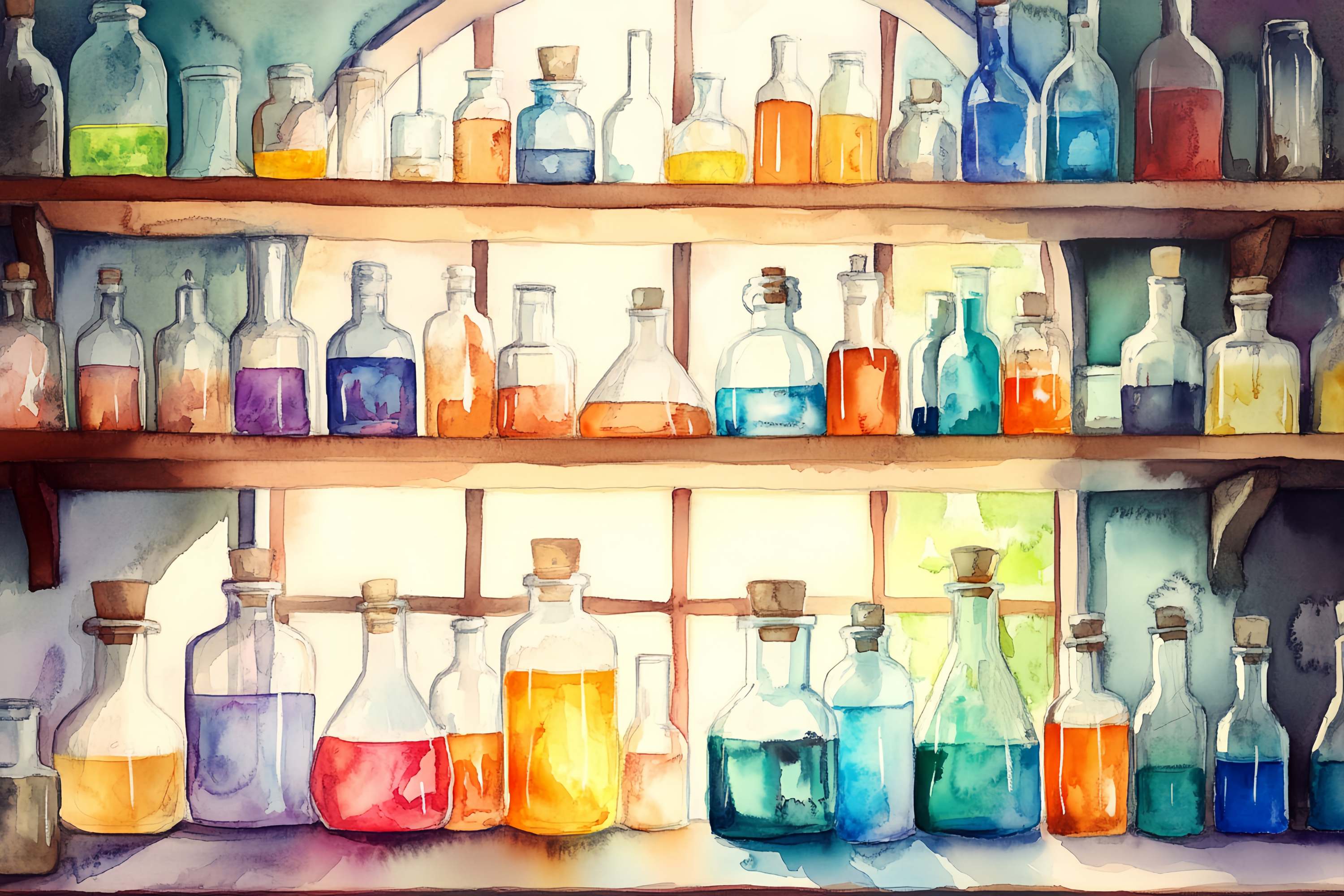 Chemistry Backdrop Watercolor Potion Bottles Wooden Shelves School Picture Backdrop UK LXX58-104