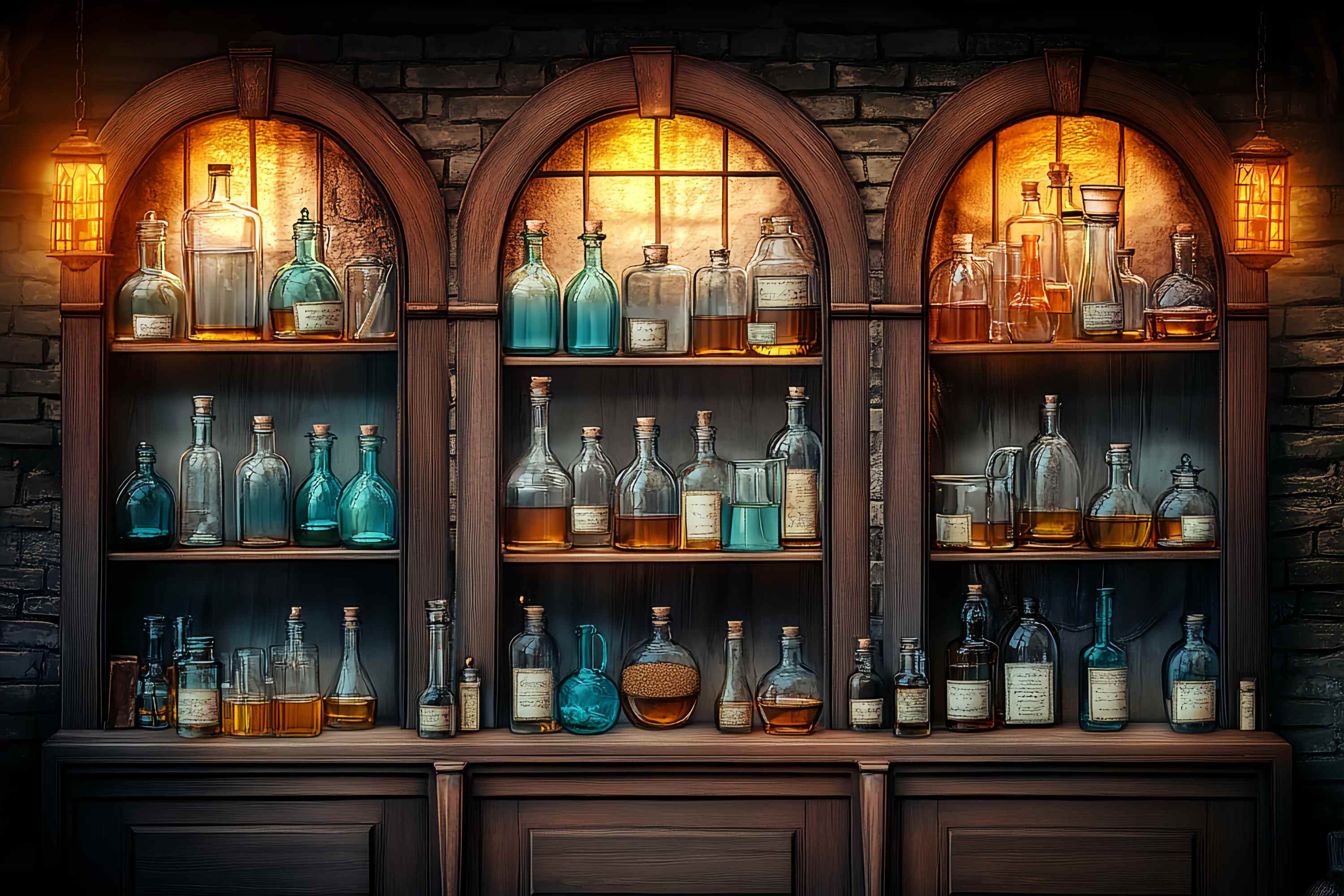 Chemistry Backdrop Vintage Wooden Cabinet Glass Bottles Back To School Backdrop UK LXX58-106