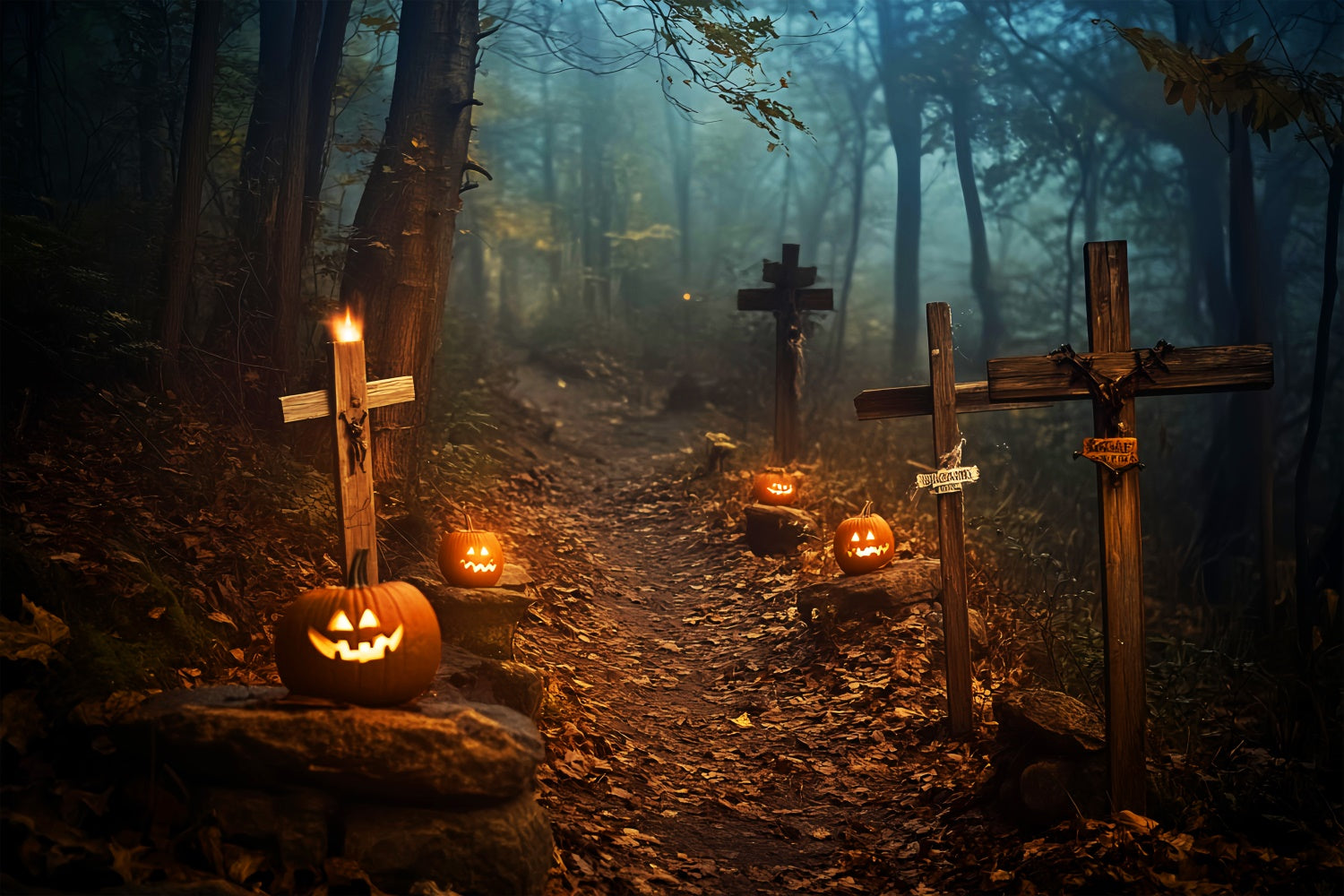 Halloween Graveyard Backdrop Haunted Forest Path Backdrop UK LXX58-10