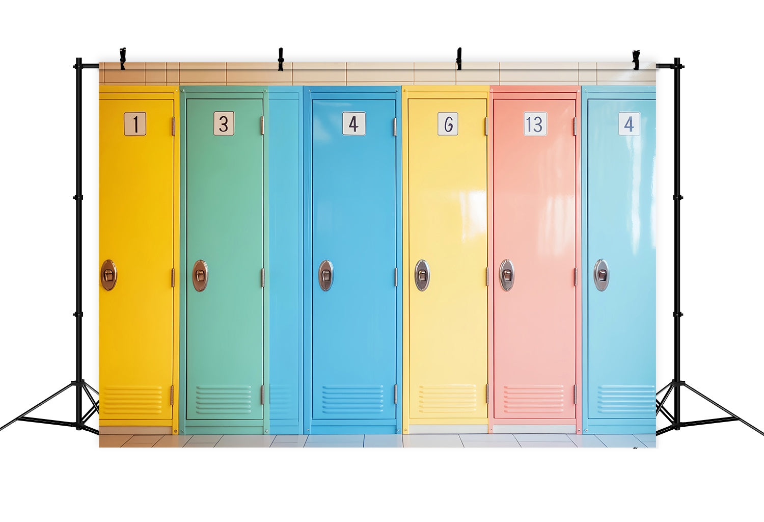 School Locker Backdrop Pastel Numbered School Lockers Row Back To School Photography Backdrops UK LXX58-120