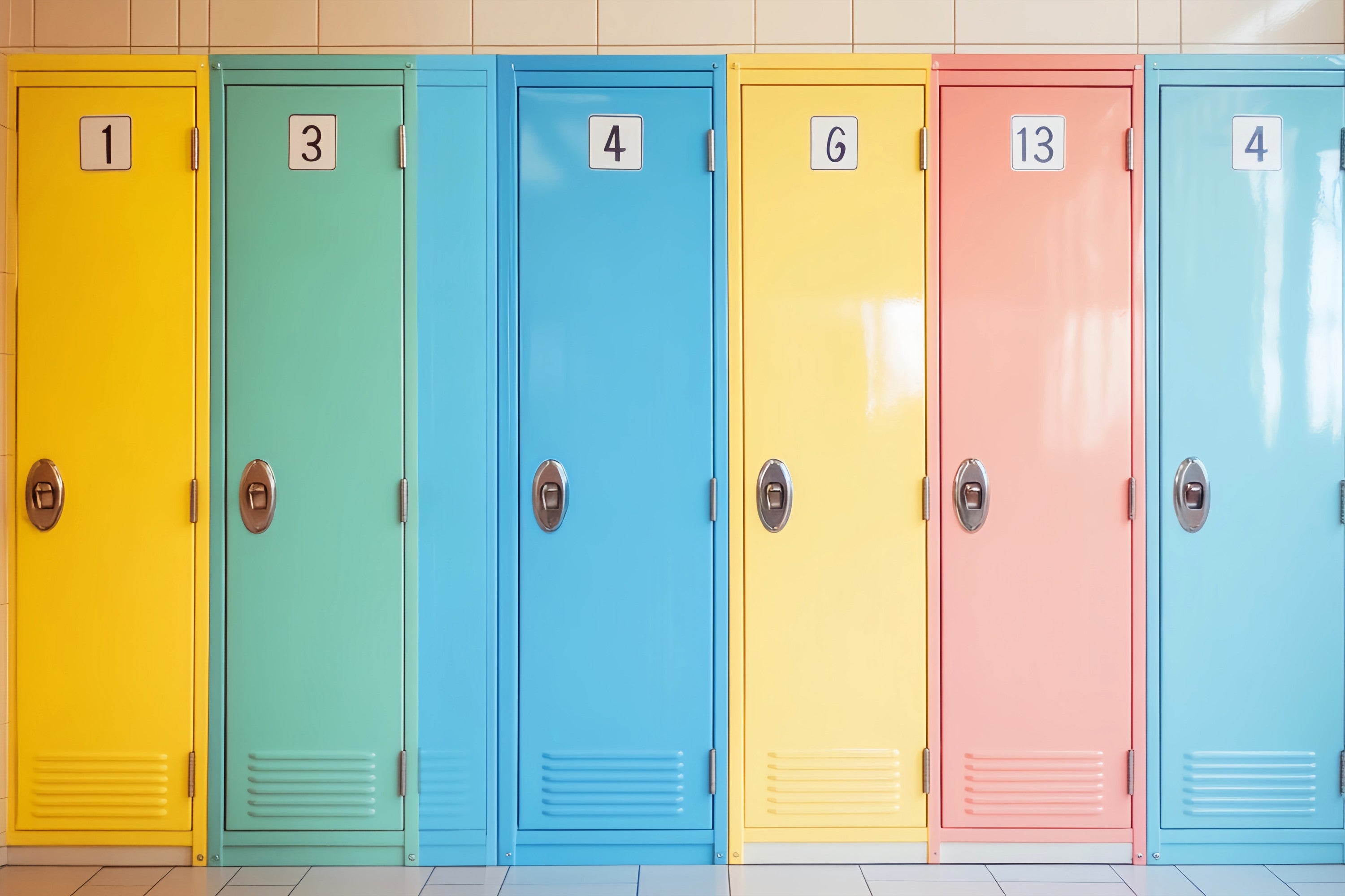 School Locker Backdrop Pastel Numbered School Lockers Row Back To School Photography Backdrops UK LXX58-120