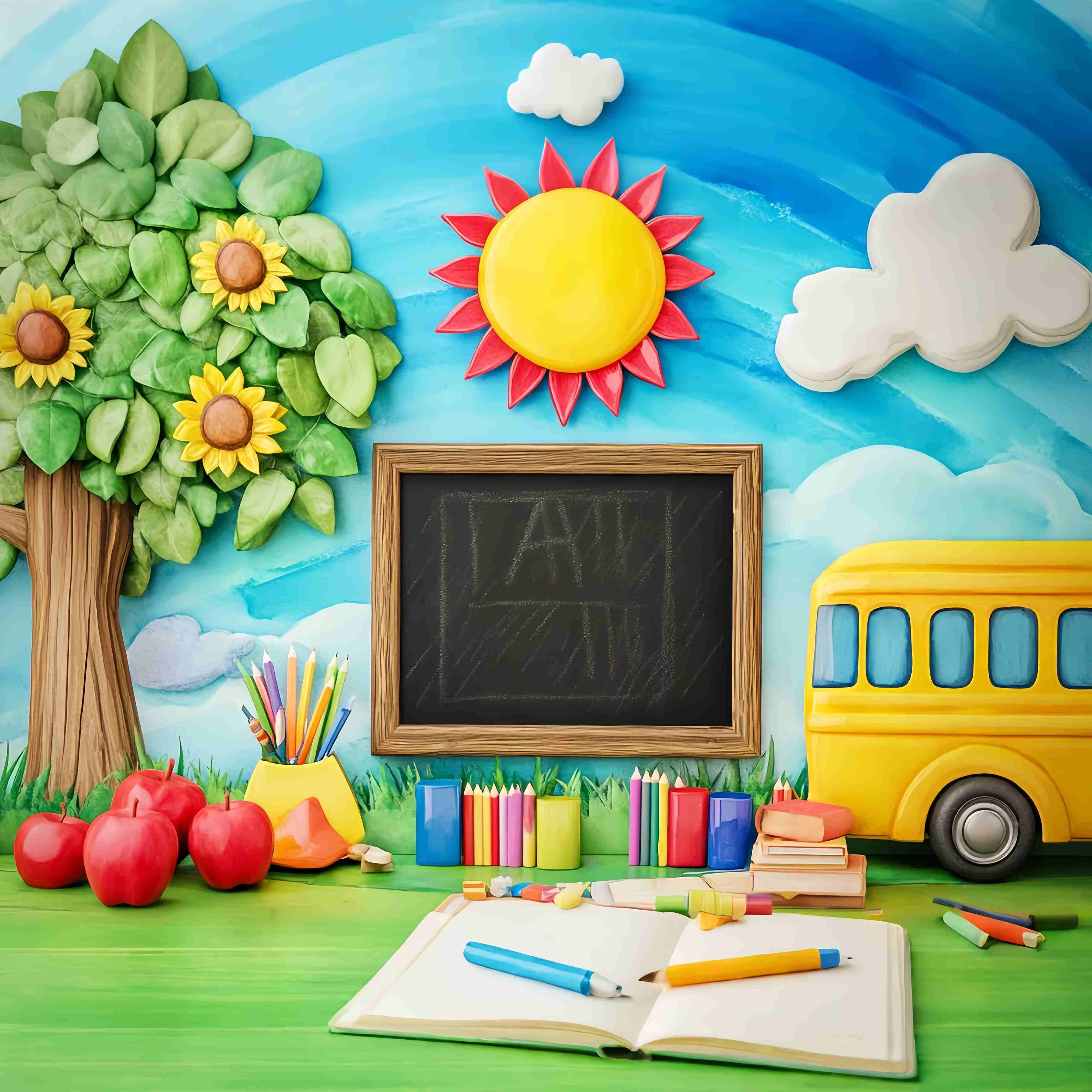Preschool Backdrop Playful Blackboard Tree Bus Back To School Backdrop UK LXX58-121
