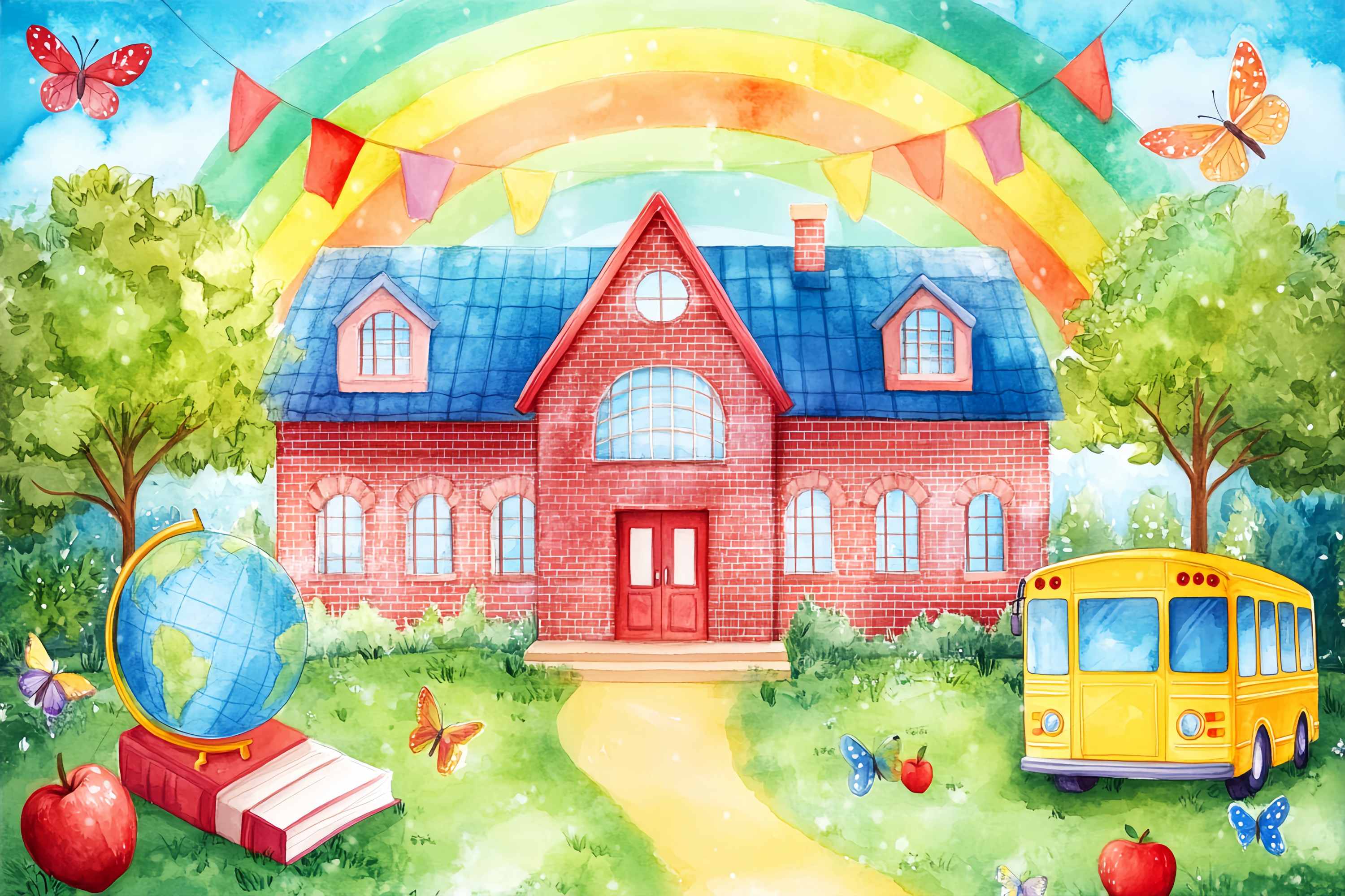 Preschool Photo Backdrops Rainbow Brick Schoolyard Bus Illustration Back To School Backdrop Ideas UK LXX58-127