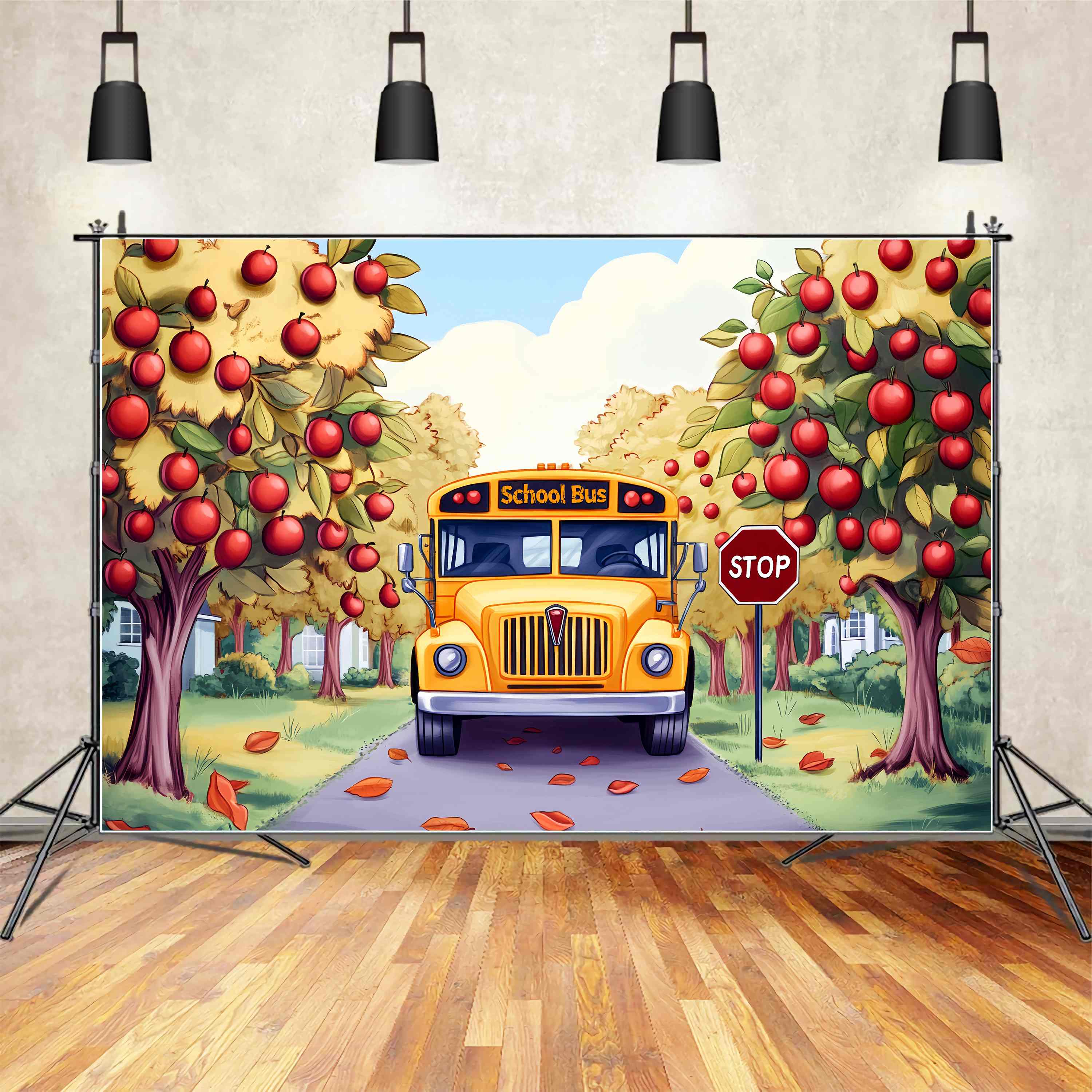 School Bus Backdrop Apple Orchard Autumn School Bus Back To School Backdrops UK LXX58-130