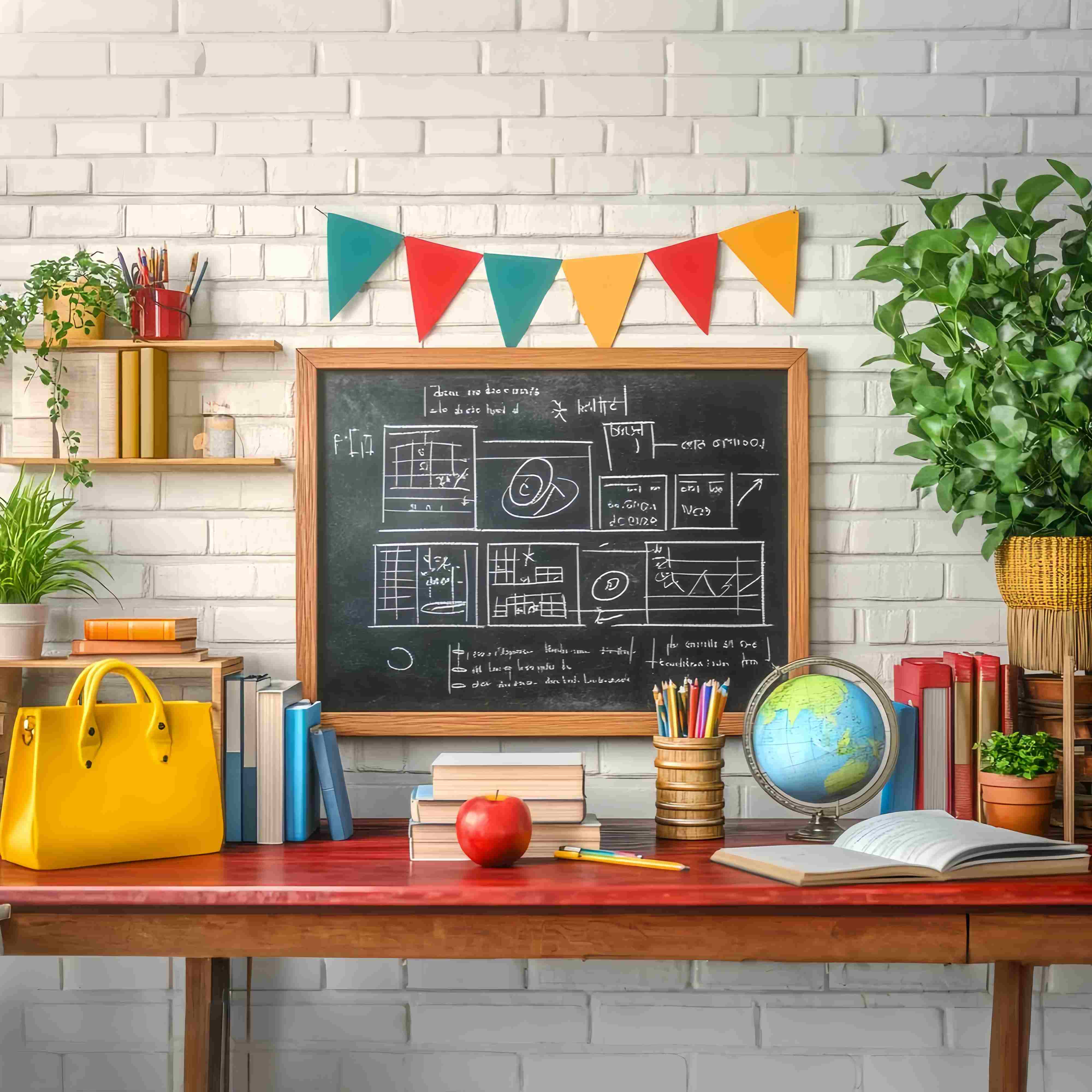 Back To School Chalkboard Backdrop Classroom Blackboard Books Globe Potted Plants Back To School Photo Backdrop UK LXX58-133