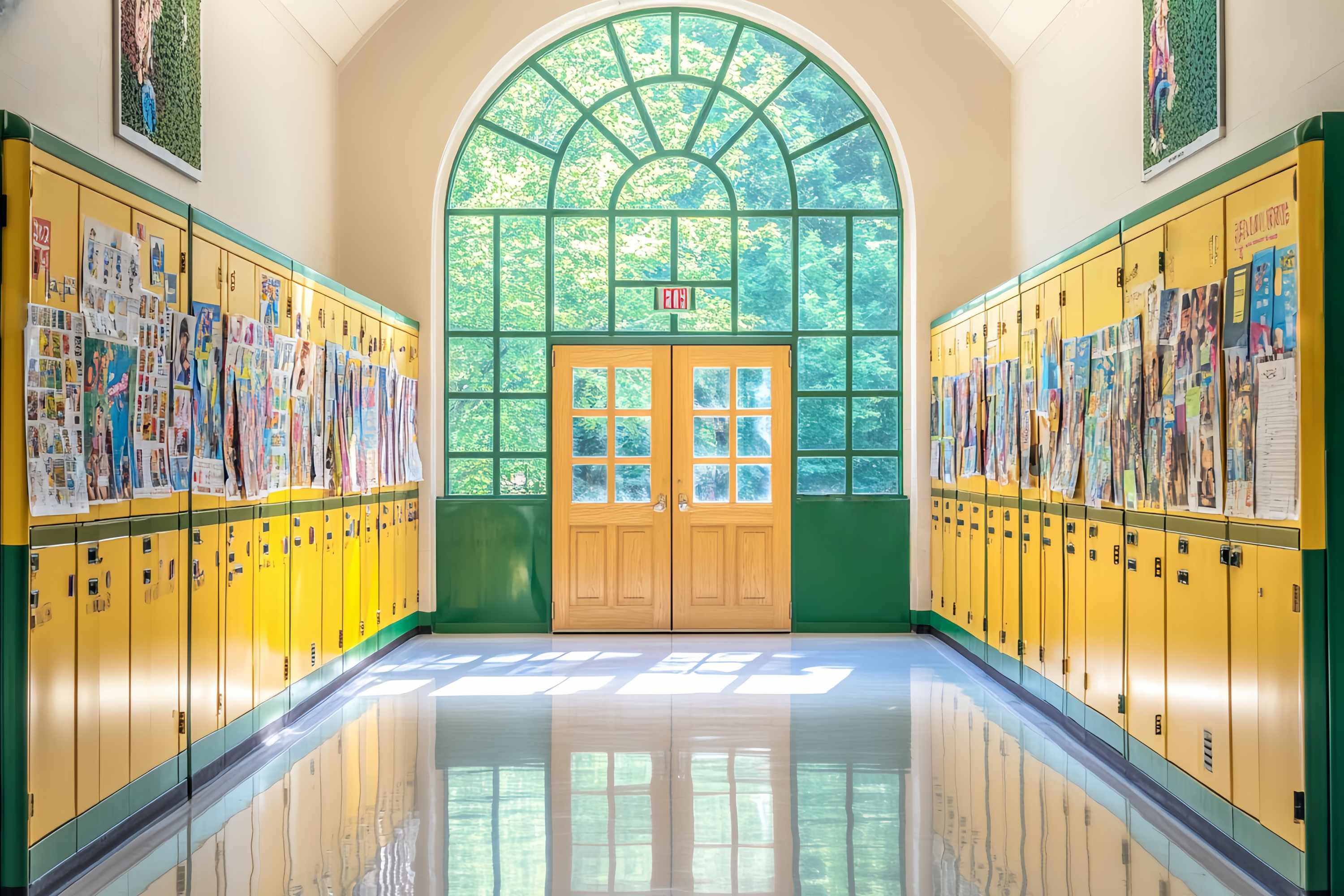 School Hallway Backdrop Yellow Green Locker Hallway Posters Back To School Backdrop UK LXX58-141