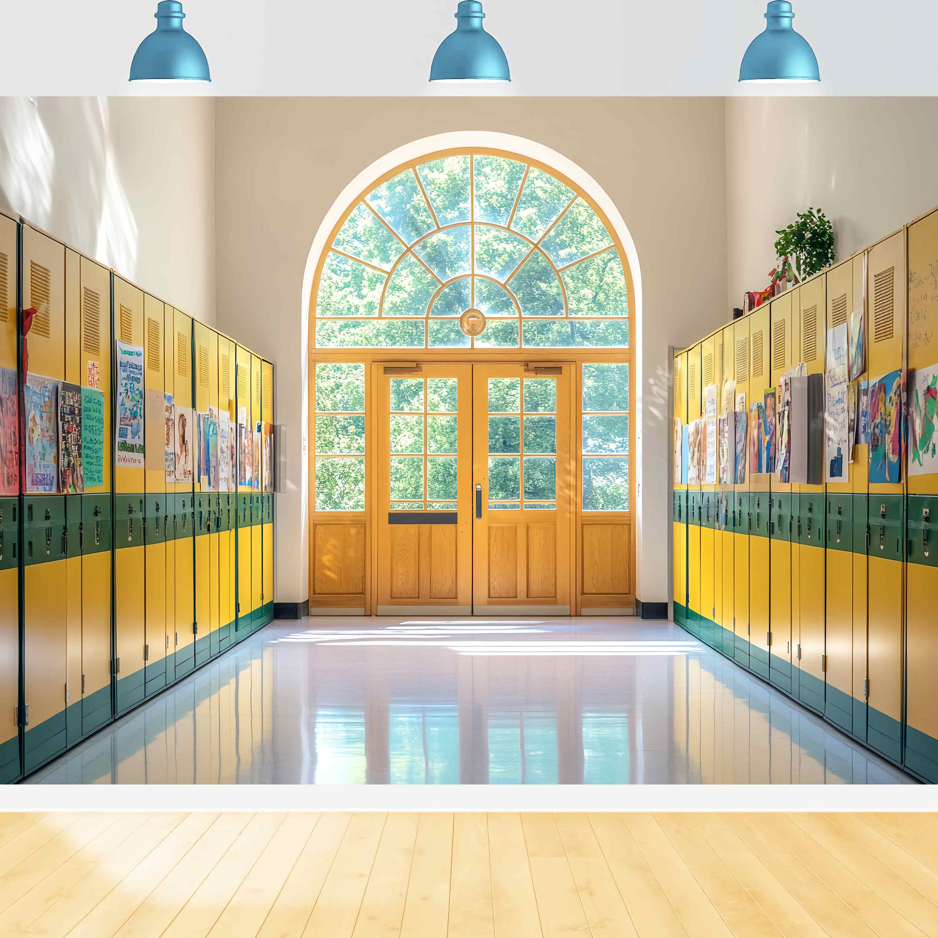 School Hallway Backdrop Yellow Green Locker Hallway Artwork Back To School Photo Backdrop UK LXX58-142