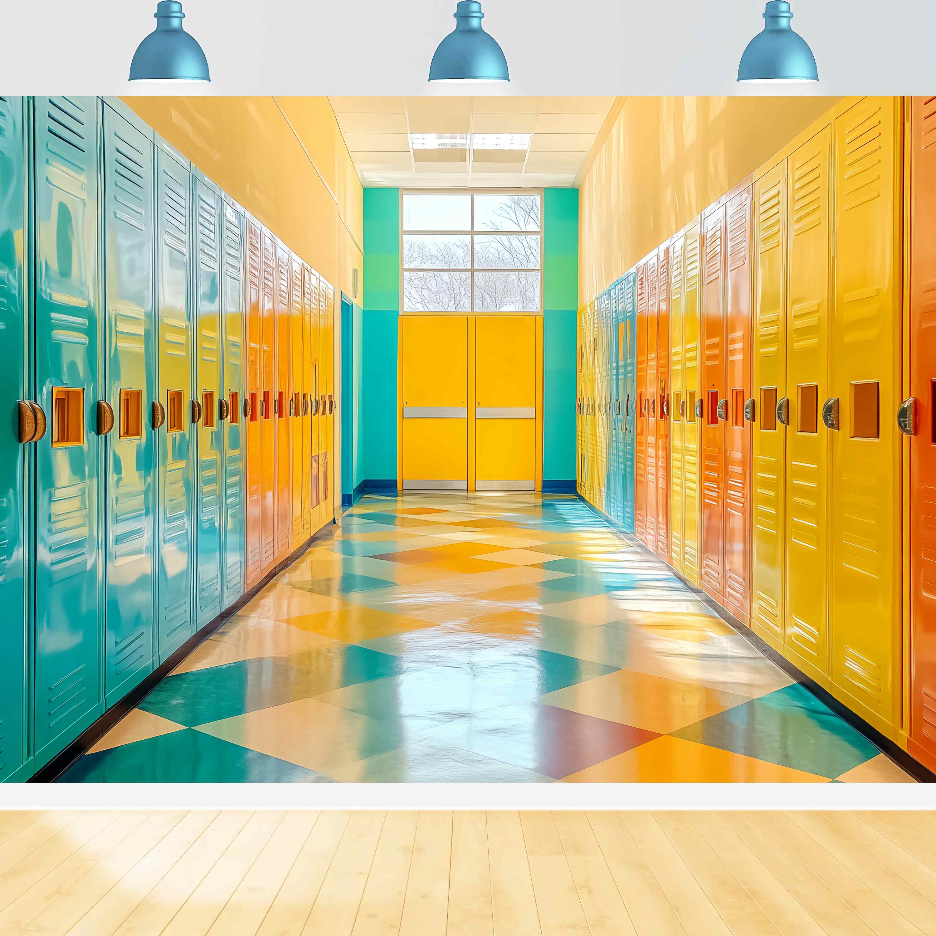 School Hallway Backdrop Vibrant Geometric Locker Corridor Back To School Backdrop UK LXX58-144