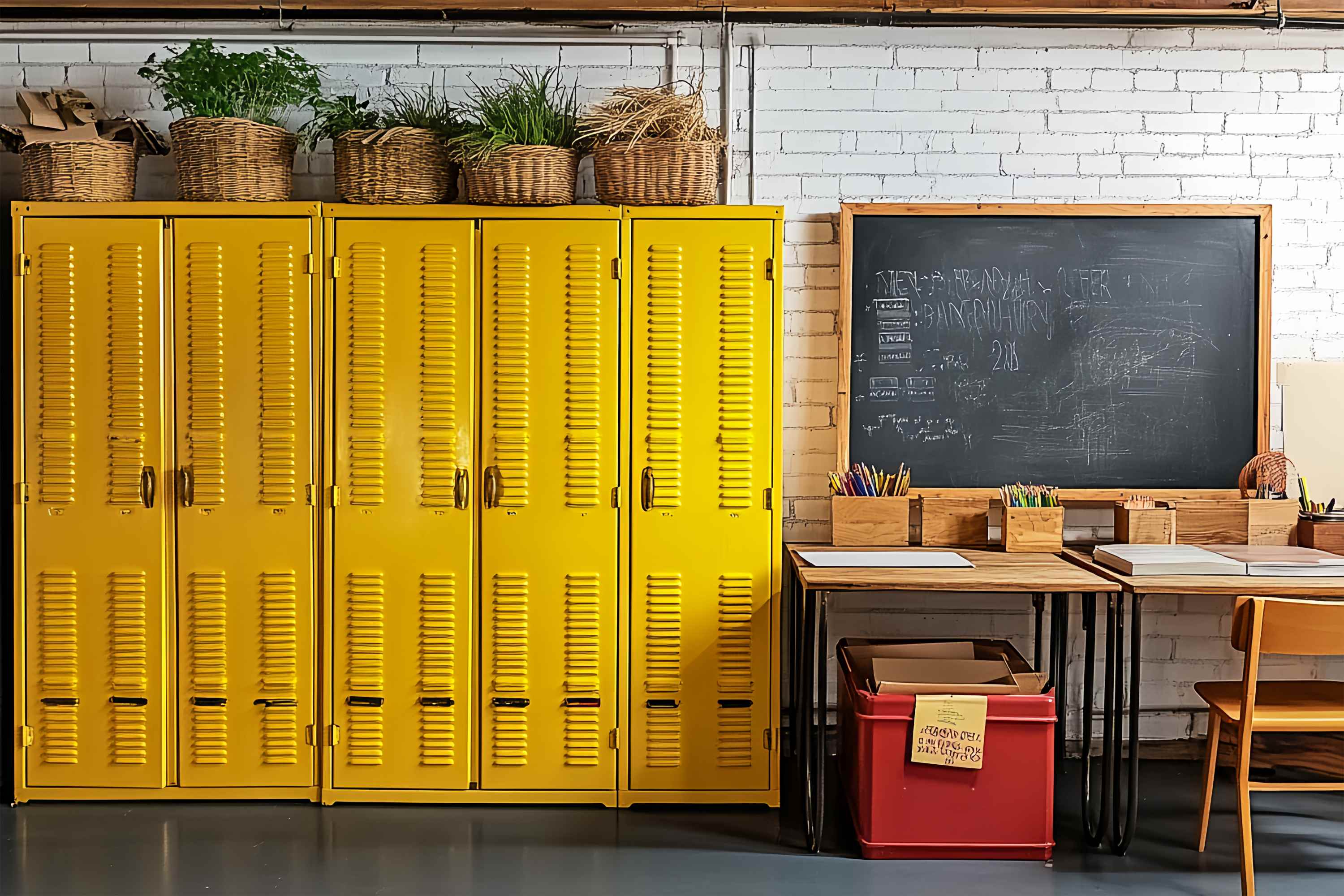School Classroom Backdrop Yellow Lockers Chalkboard Workspace Back To School Backdrop UK LXX58-147