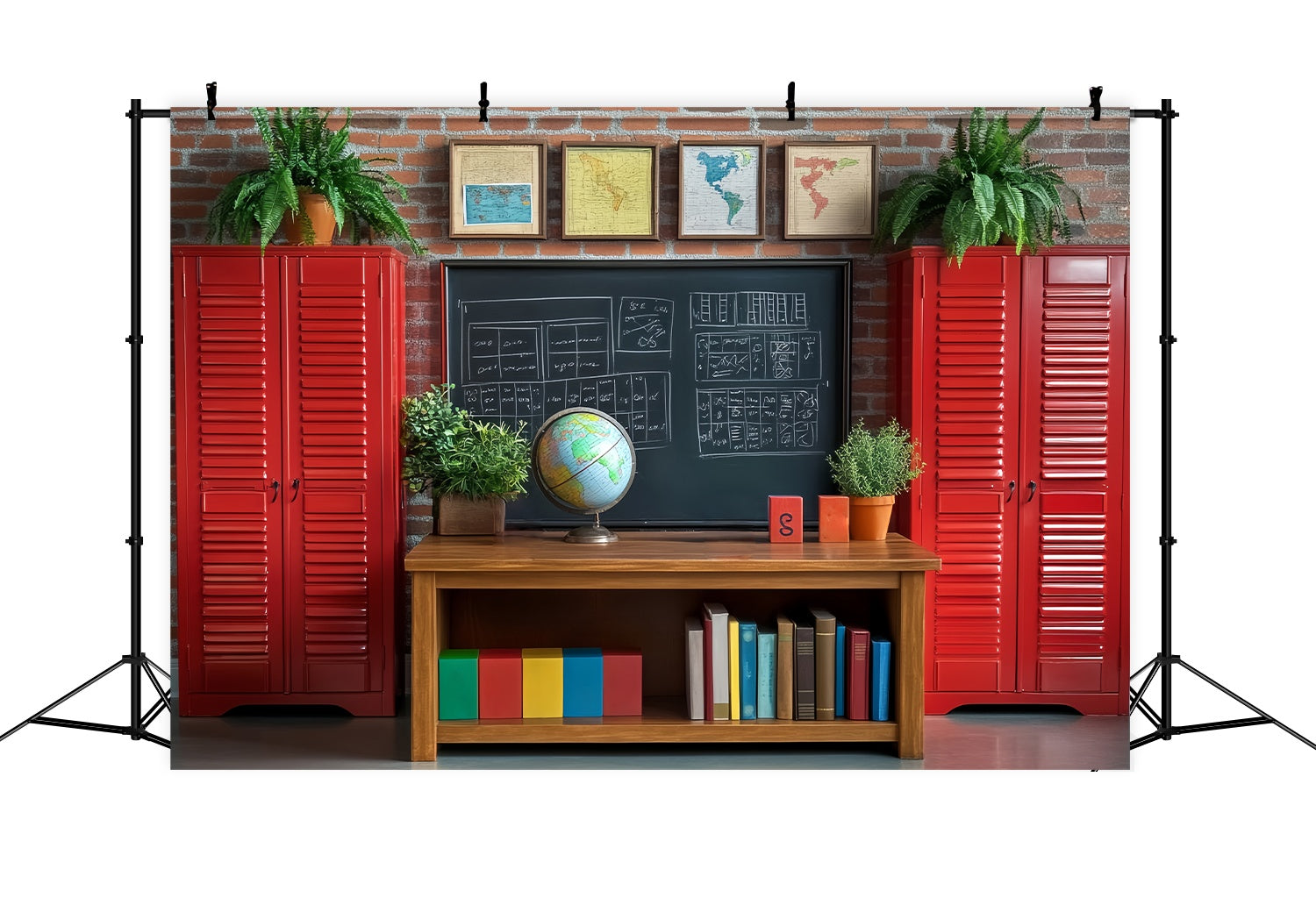 School Classroom Backdrop Red Lockers Globe Study Corner Back To School Backdrop UK LXX58-148