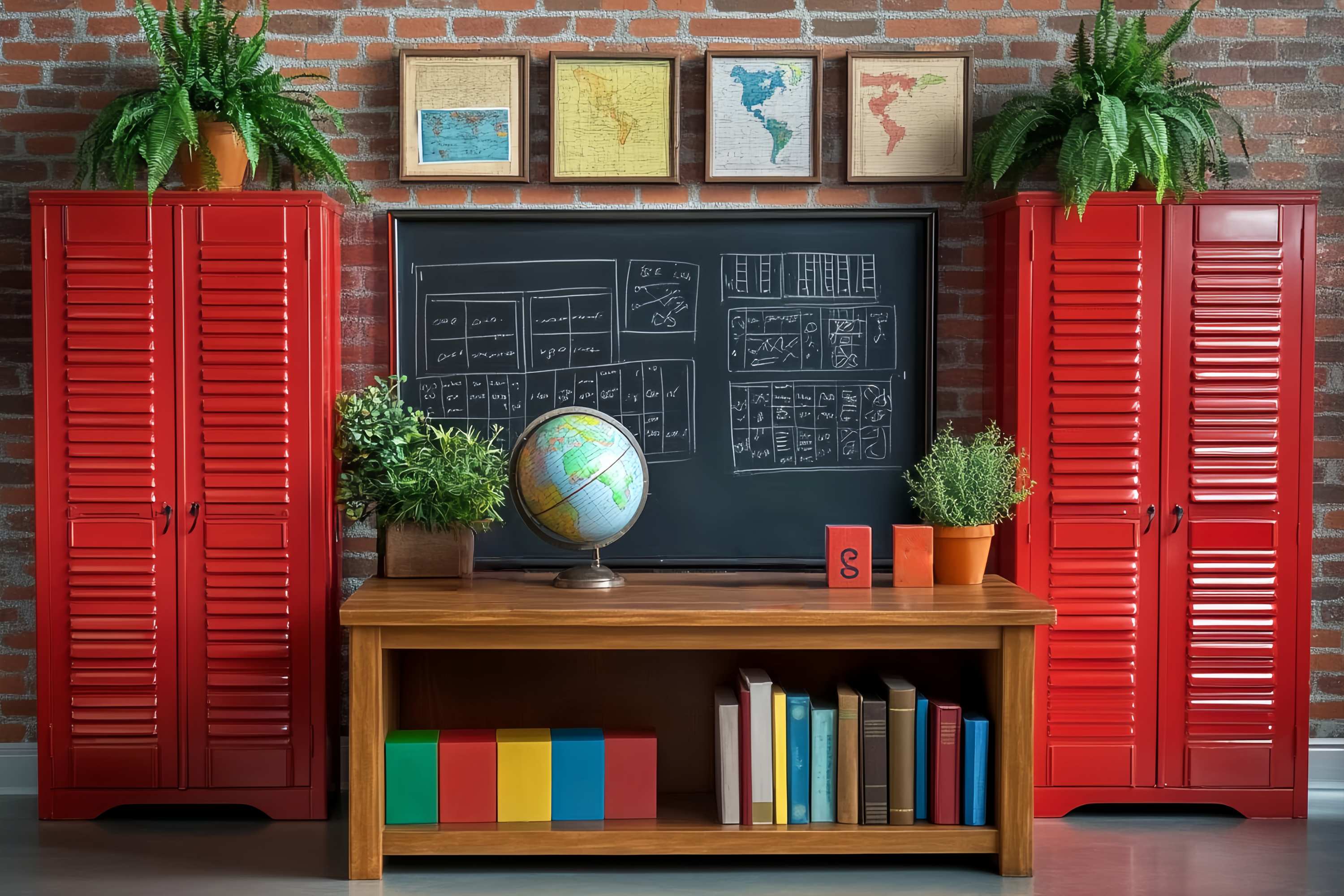 School Classroom Backdrop Red Lockers Globe Study Corner Back To School Backdrop UK LXX58-148