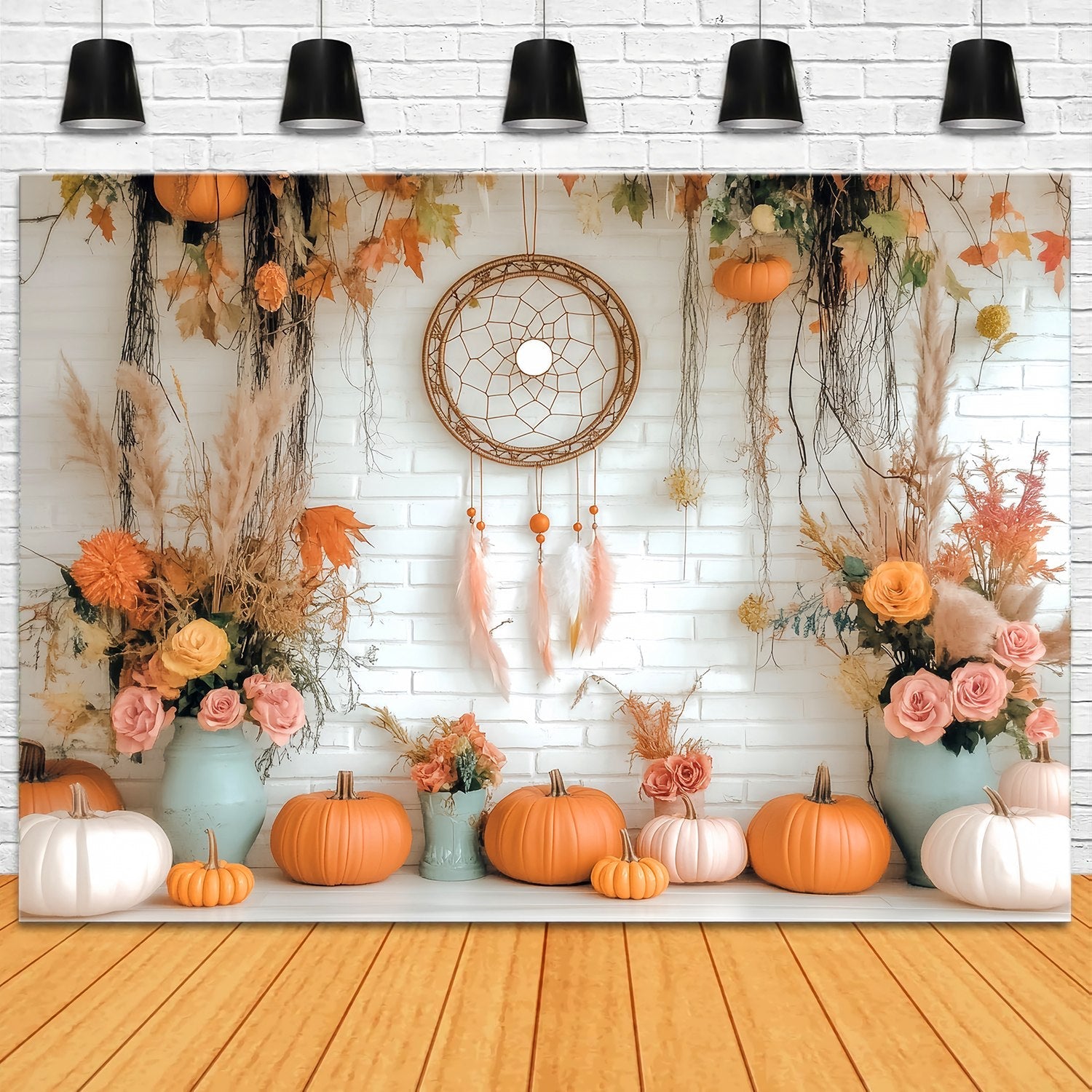 Autumn Fall Backdrop Rustic Pumpkin Dreamcatcher Display Boho Backdrop UK LXX58-155
